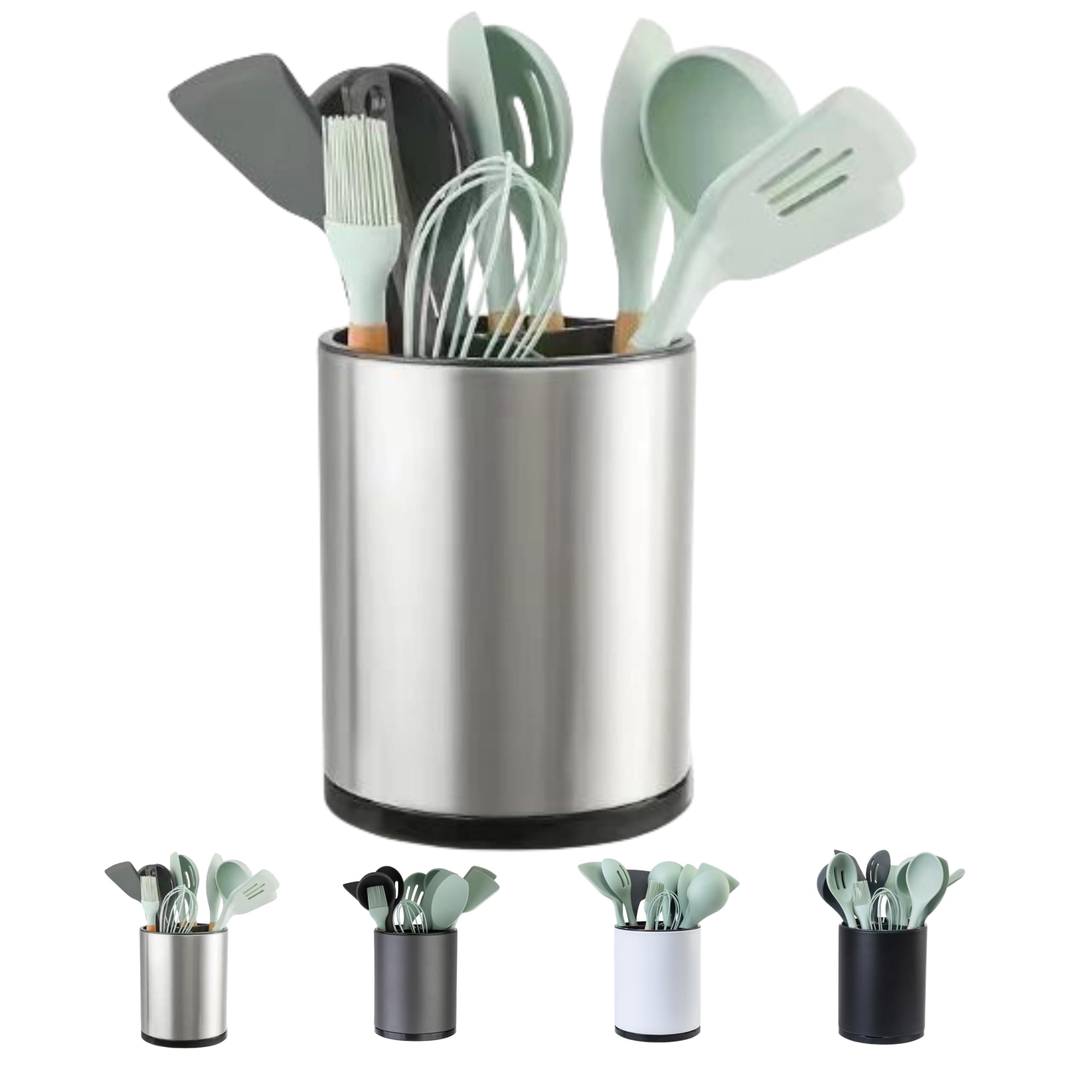 LIBODOUR Kitchen Utensil Holder Extra Large 360°Rotating For Counter Organizer Stainless Steel Storage Cooking Silverware Caddy 3 Compartment Flatware Spoon Spatula Tool Cutlery Container（Silvery）