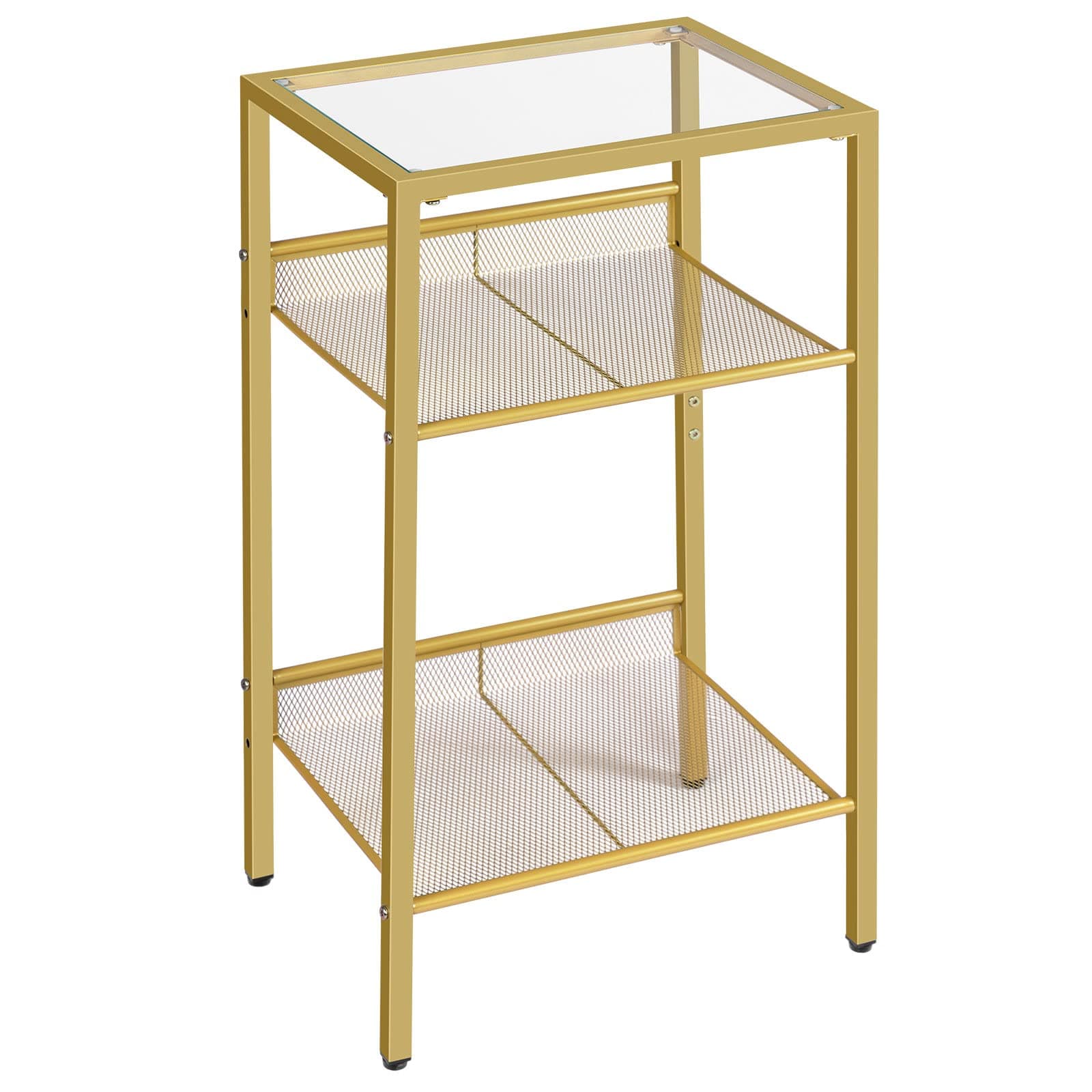 HOOBRO Gold Side Table, Tall Telephone End Table with Mesh Shelves, 3-Tier Nightstand with Tempered Glass Tabletop, for Living Room, Bedroom, Gold GD04DH01