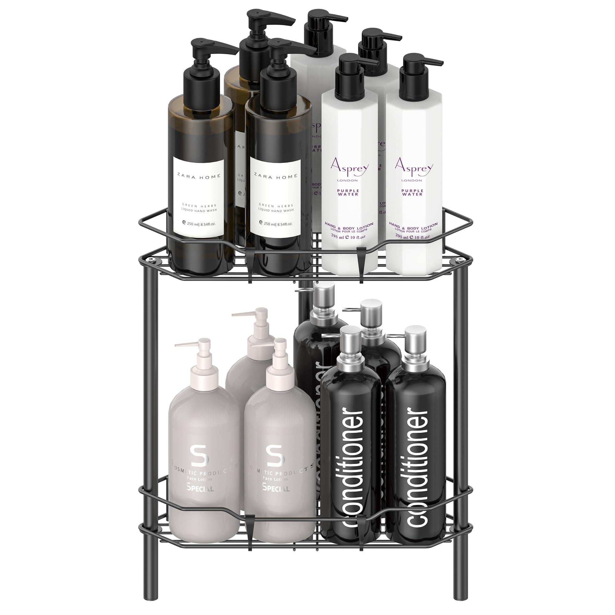 2 Tier Floor Standing Corner Shower Caddy Organizer Shelf with Hooks, Bathroom Shelves Stand Rack, Matt Black