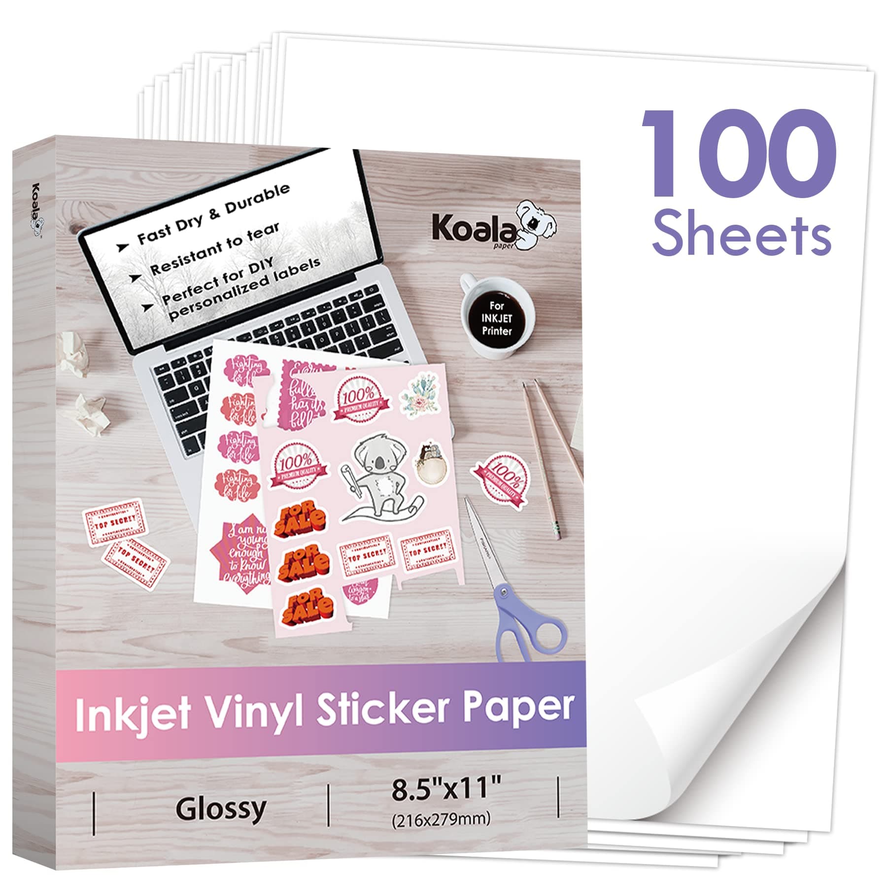 Printable Vinyl Sticker for Inkjet Printer 100 Sheets Waterproof White Glossy Sticker 8.5x11 Inches
