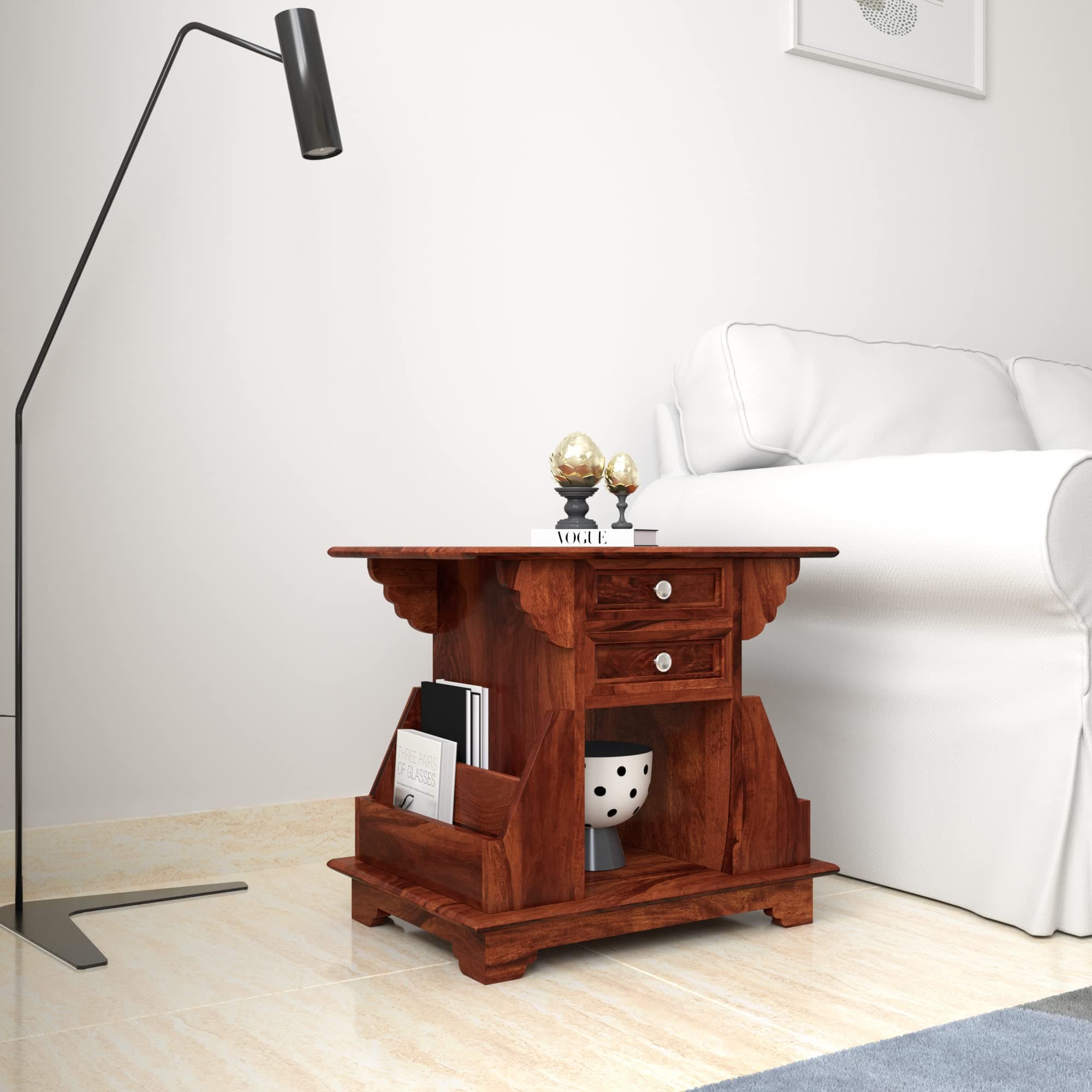 Amazon Brand - Solimo Duende Side Table with 2 Drawers and Magazine Holder (Sheesham Wood, Honey Finish)