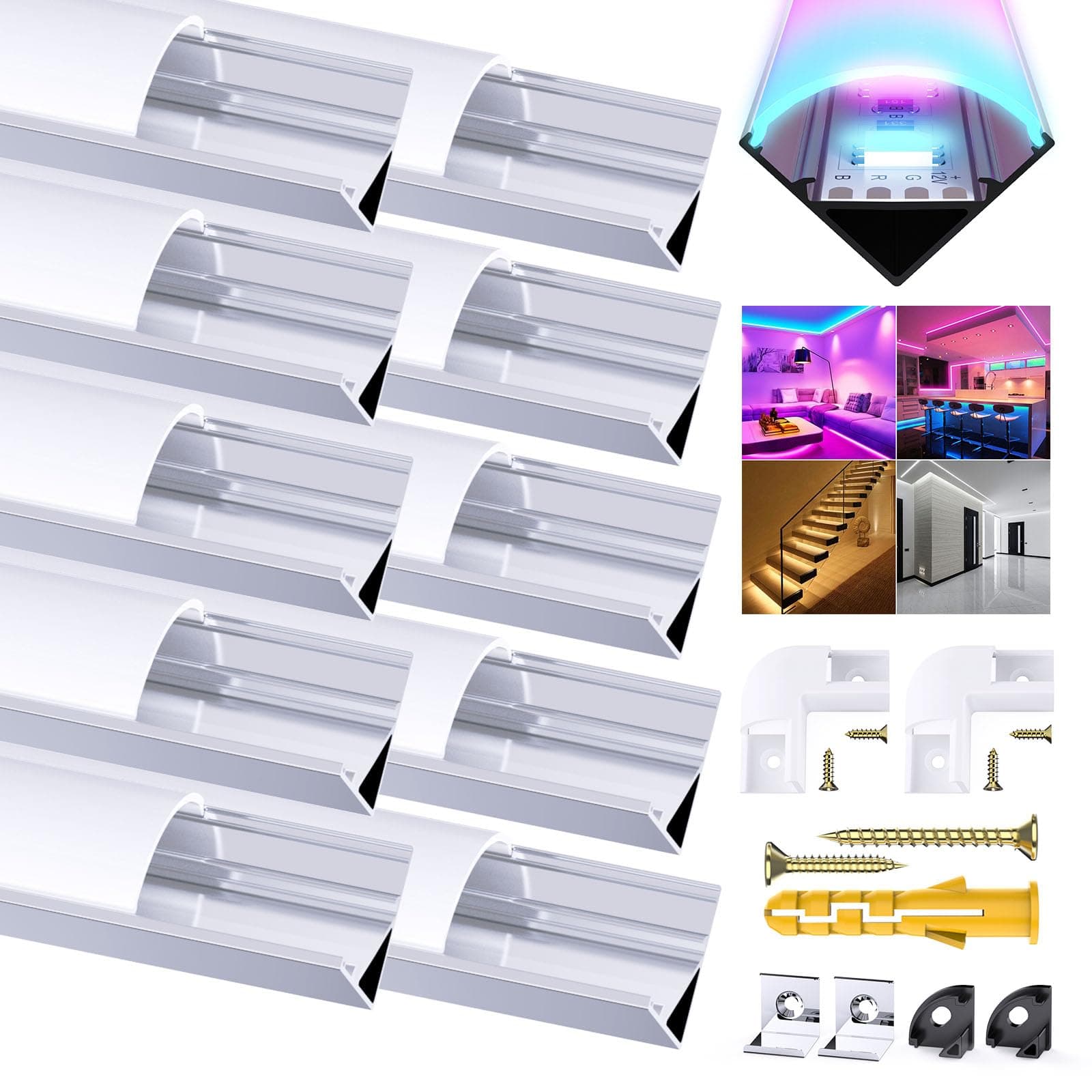 Chesbung 10 Pack 1Meter/3.3ft V Shape Led Aluminum Channel, Aluminum Profile with Milky White Cover, LED Channels and Diffusers with End Caps, Mounting Clips for LED Strip Light