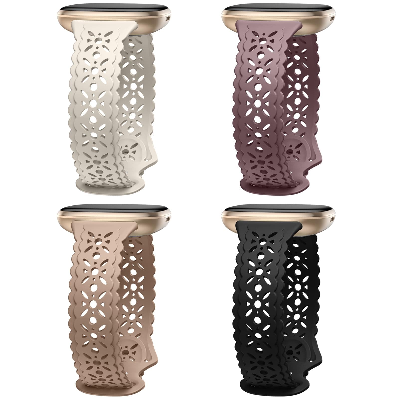 Dirrelo 4 pack Lace Silicone Band Compatible for Fitbit Sense Bands/Fitbit Versa 3 Bands Women/Fitbit Versa 4 Bands/Sense 2 Bands, Soft Ultrathin Hollow-out Sport Watch Strap Replacement Wristbands