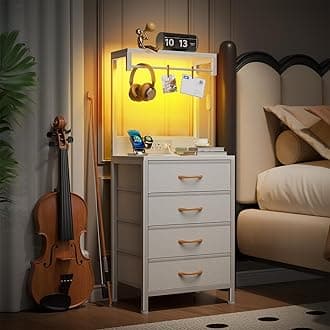 Furnulem White Nightstand, 38 inches Tall Night Stand with Charging Station and LED Lights, Bedside Table for Bedroom, Office, Hallway, 4 Fabric Drawers, Metal Frame, Wood Shelves