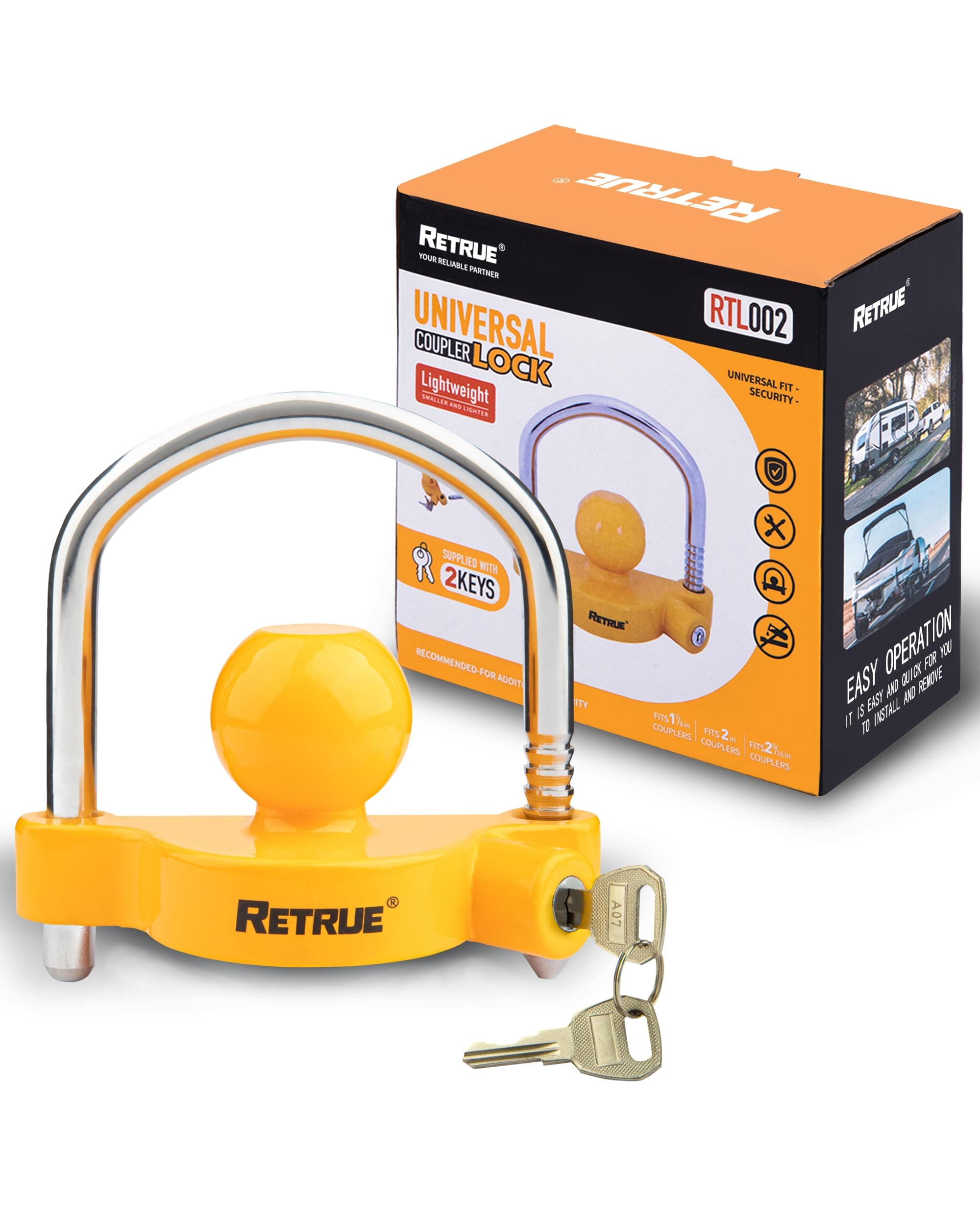 - Universal Coupler Lock Trailer Locks Ball Hitch Trailer Hitch Lock Adjustable Security Heavy-Duty Steel Fits 1-7/8 Inch, 2 Inch, 2-5/16 Inch Couplers, Yellow