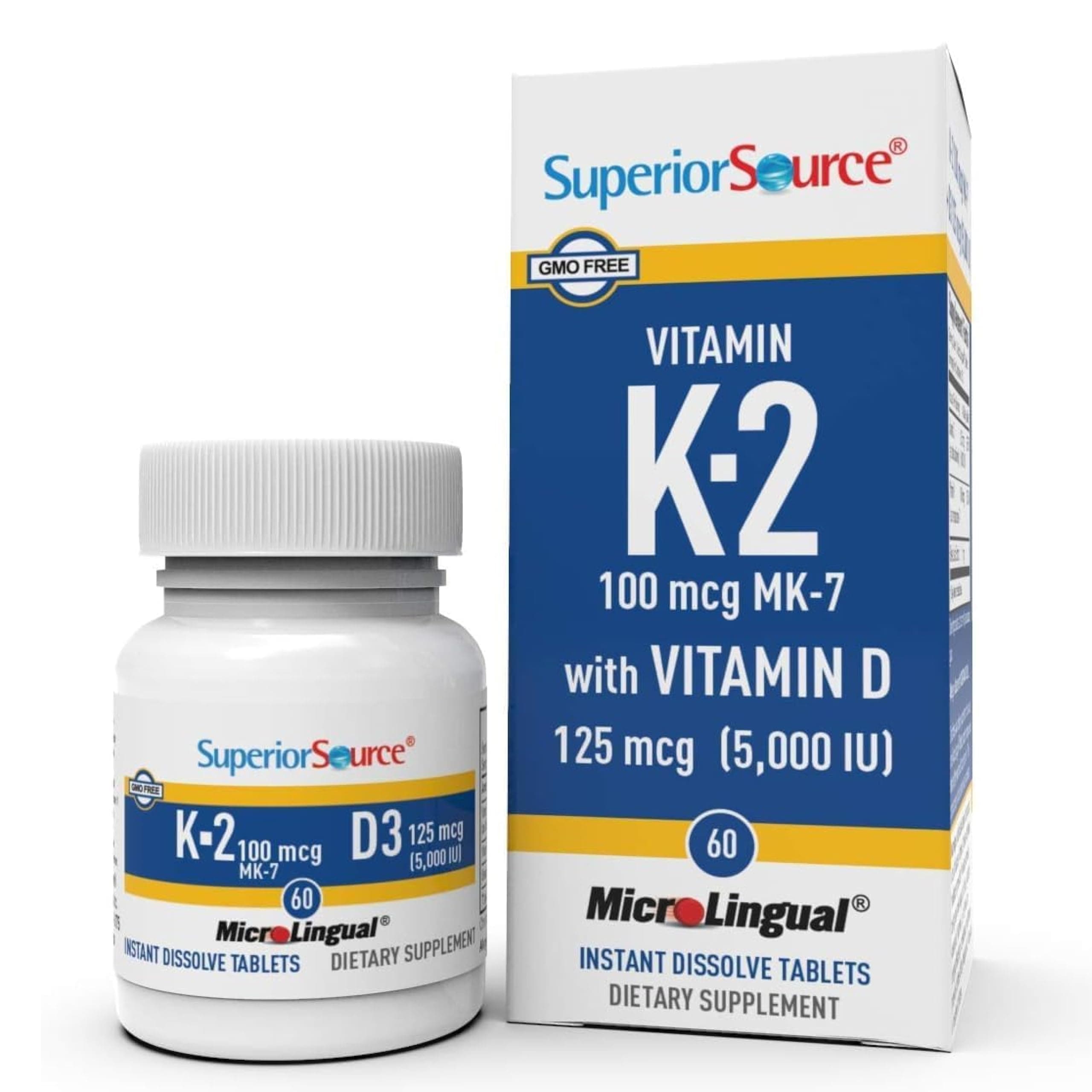 K2 (MK-7) 100 mcg, with D3 (5,000 IU) Supplement, Quick Dissolve MicroLingual Tablets, 60 Count, Strengthen Bones, Cardiovascular & Immune System Support, Non-GMO