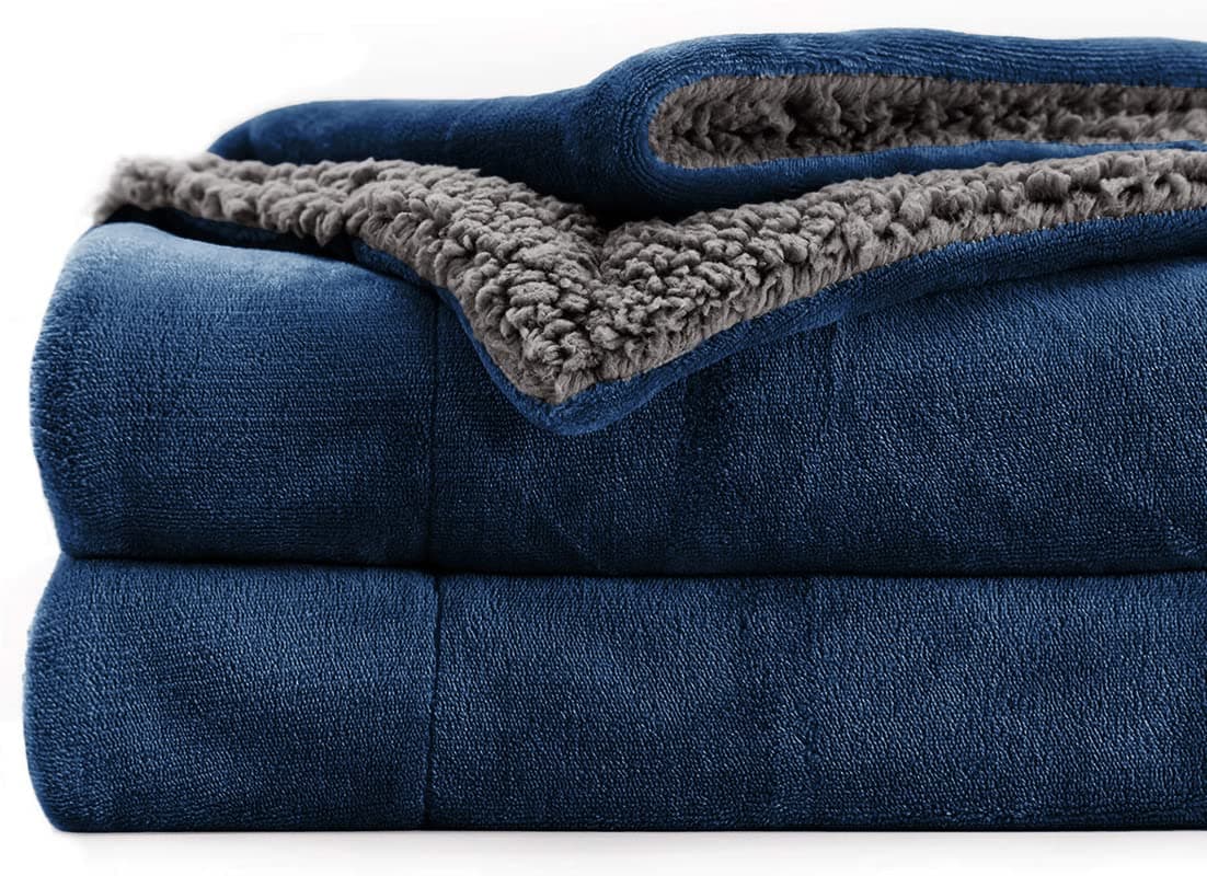 Polyester Micromink Summer Ac/Mild Winter/Heavy Winter Sherpa Blanket Super Soft Flannel Solid/Plain, Blue & Grey, Size 220 X 228 Cms (Approx 7.4 X 7 Ft) (Double), 200 TC