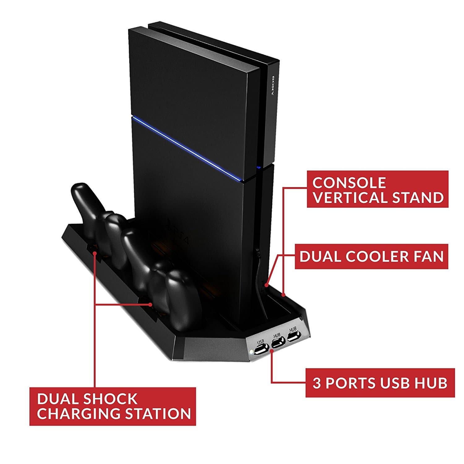 PS4 Cooler Pad for Standard PS4 Vertical Stand with Air Cooling Fan and USB HUB Port | Safe Premium ABS PS4 Stand with Dual Charging Stations for DualShock Controllers | Black