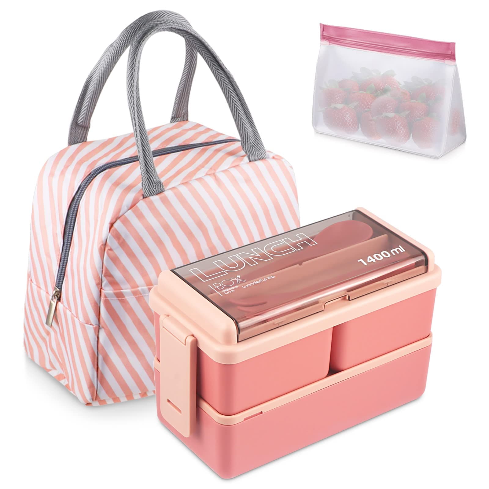 Stackable Bento Box Kit, 47.35OZ Bento Box Adult Lunch Box, 3 Compartments Bento Lunch Box with Lunch Bag and Utensils, Meal Prep Containers for Adults and Kids, BPA Free Microwave Bento Box (Pink)