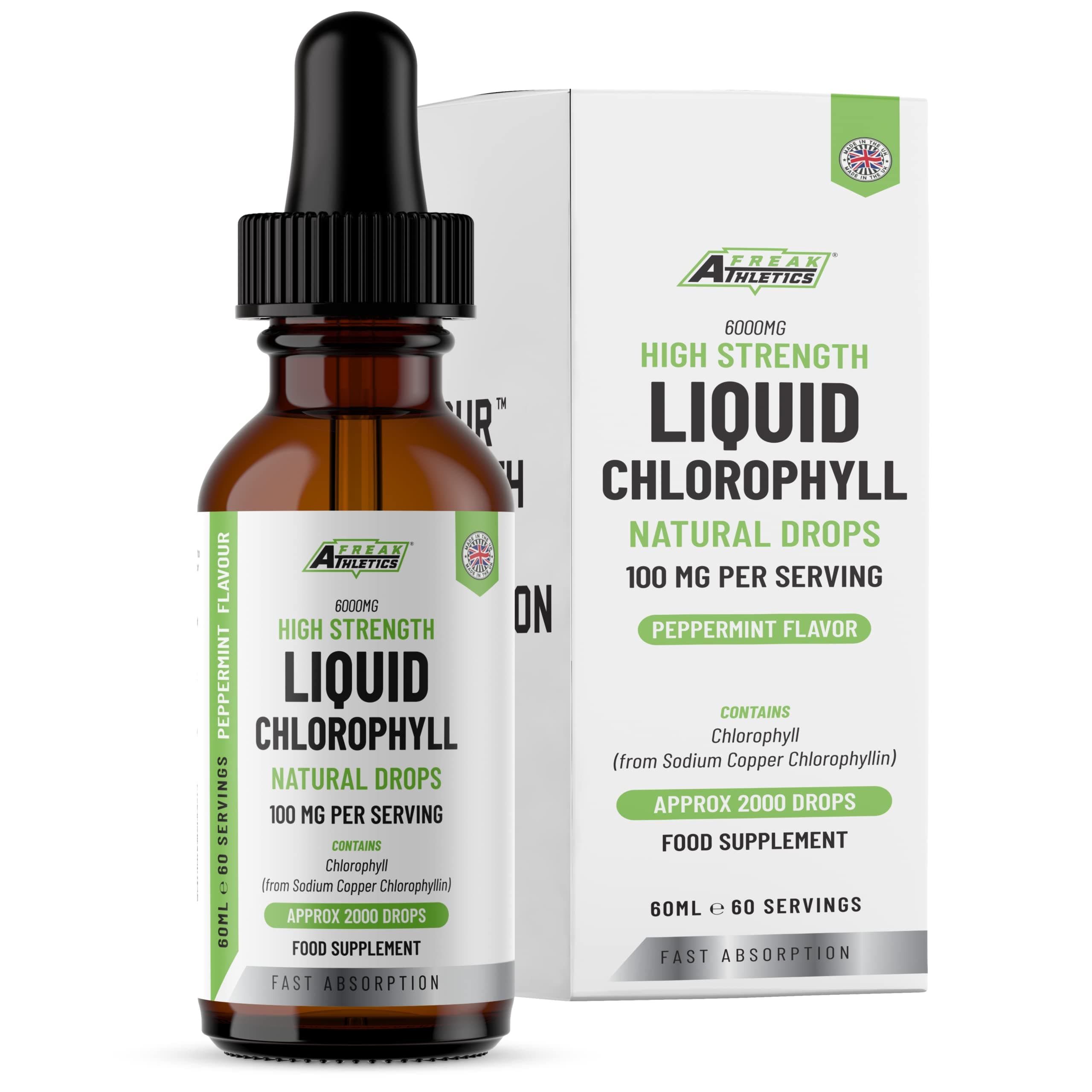 Liquid Chlorophyll Drops for Water - 60ml for 60 Servings - 2 Month Supply of High Strength 100mg Chlorophyll Liquid Drink - Made in UK