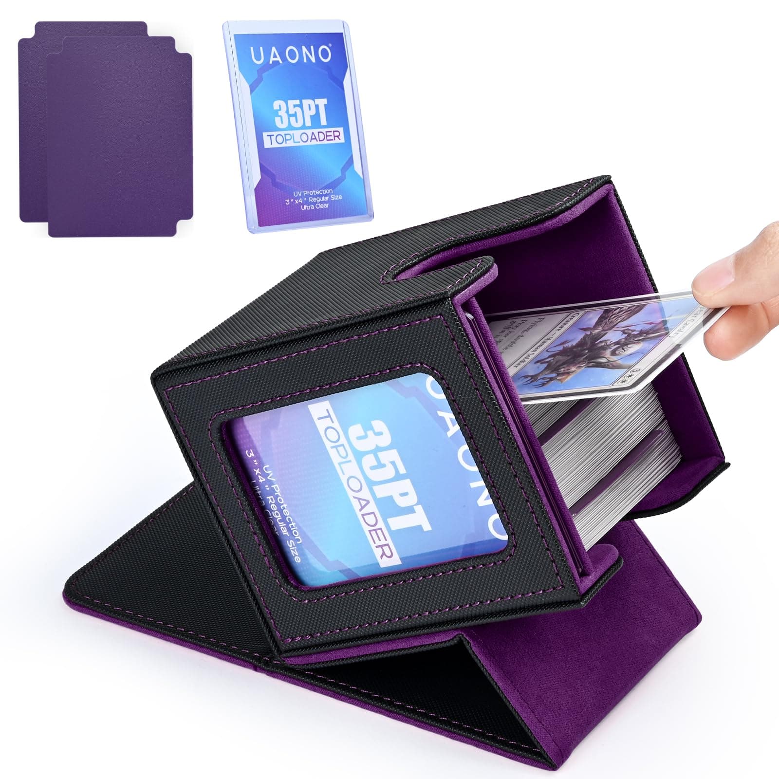 Magic Deck Box with MTG Commander Display, Patented Deck Boxes for 100+ Cards, Trading Card Storage Boxes, Playing Cards Deck Case, with 2 Dividers, 1 Top Loader (Black and Purple)