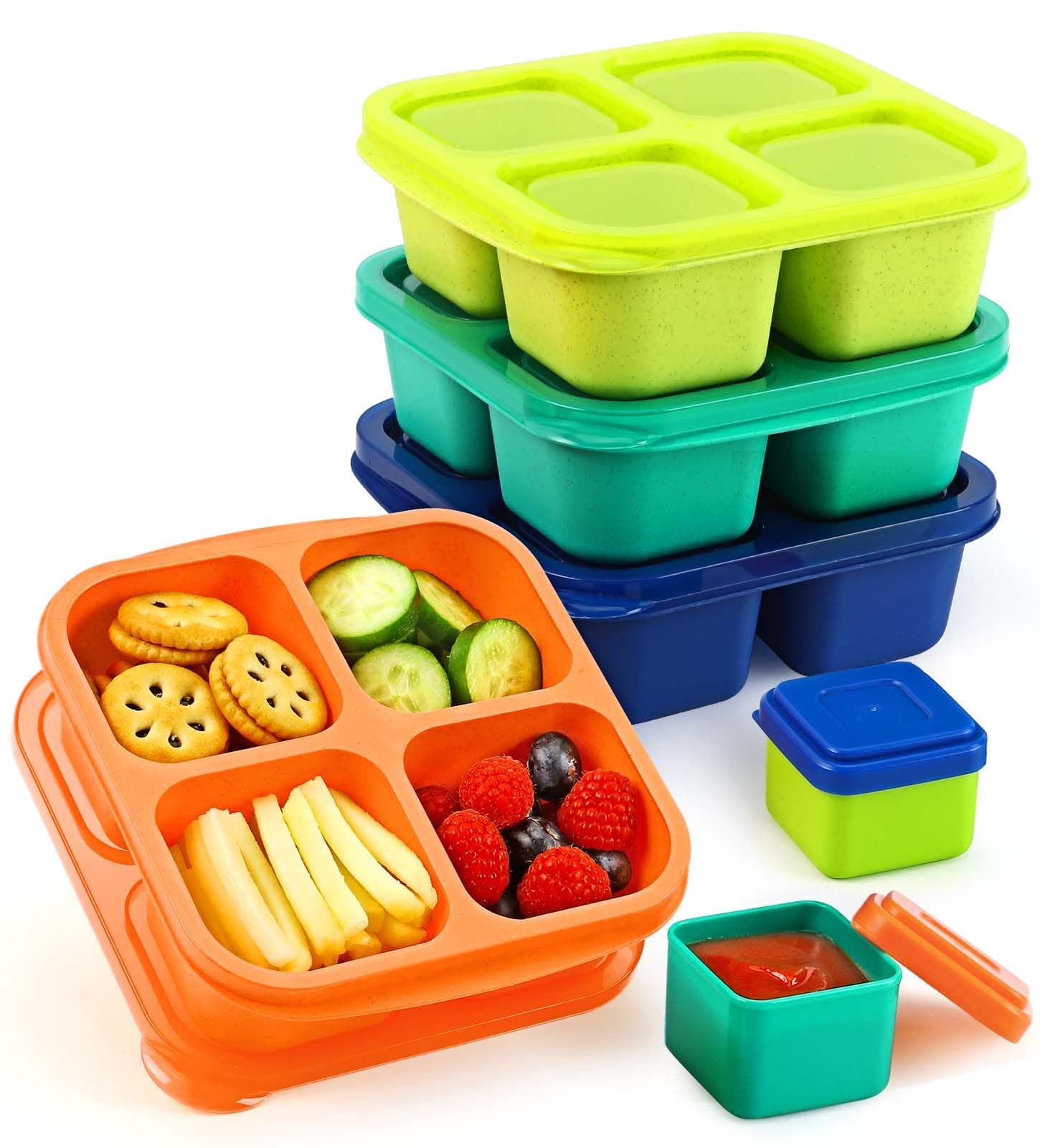 Lunchable Snack Containers - 4 Pack Bento Snack Boxes with 4-Compartment, 2 Leakproof Dip Cups, Reusable Divided Food Containers for School, Work, Travel (Jewel Brights)