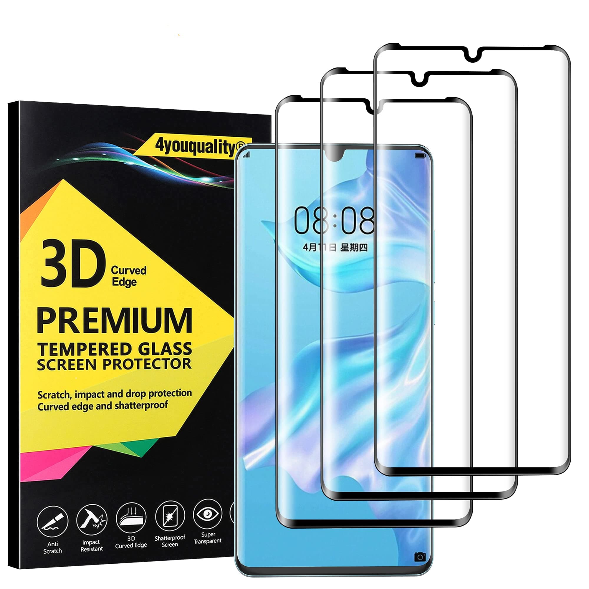 4youquality [3-Pack[Full Coverage] Screen Protector for Huawei P30 Pro, Tempered Glass Film [Full-Coverage][LifetimeSupport][Anti-Scratch][Anti-Shatter]