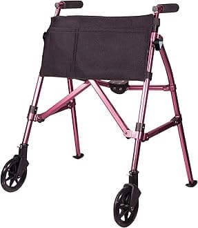 Stander EZ Fold-N-Go Walker Short, Junior Foldable and Lightweight Rolling Walker for Adults, Seniors, and Elderly, Petite Walker with Wheels, Ski Glides, and Pouch for Mobility Support, Regal Rose