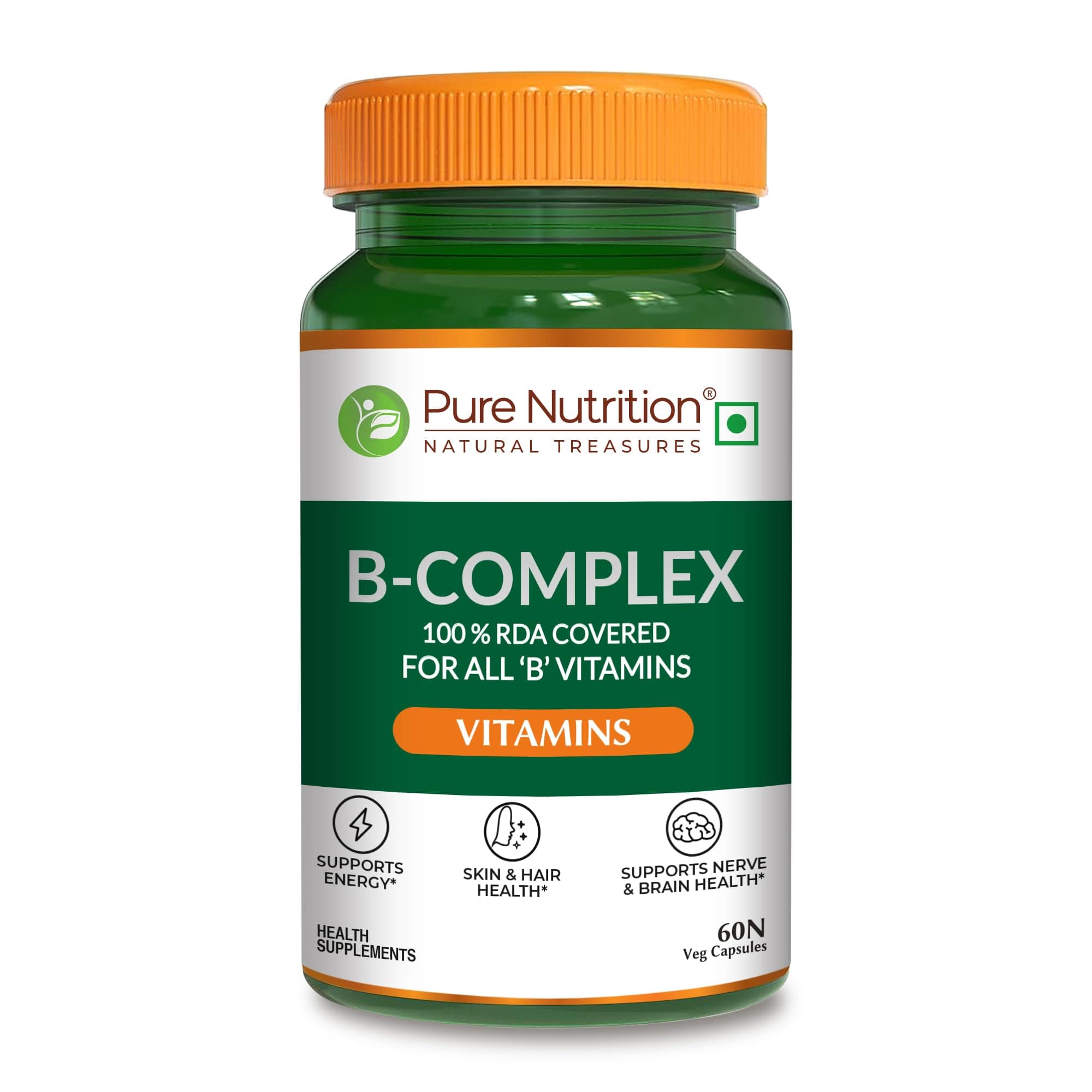 B-Complex 60 Veg Tabs – 100% RDA of B1, B2, B3, B5, B6, B9 | Boosts Immunity, Supports Hair Growth, Energy & Overall Health for Men & Women