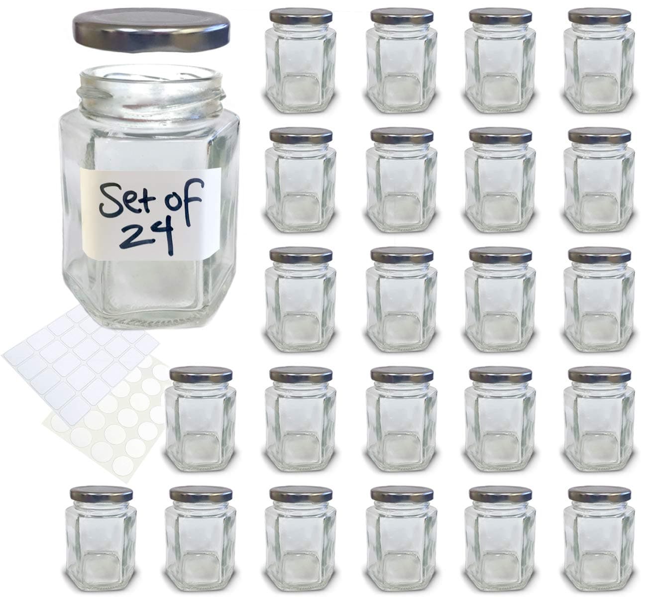 4 oz Hexagon Mini Glass Jars with Silver Lids and Labels (Pack of 24)