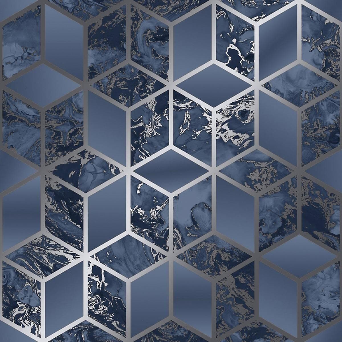 Muriva Elixir Cube Blue Silver Wallpaper 166512 - Metallic Geometric Marble
