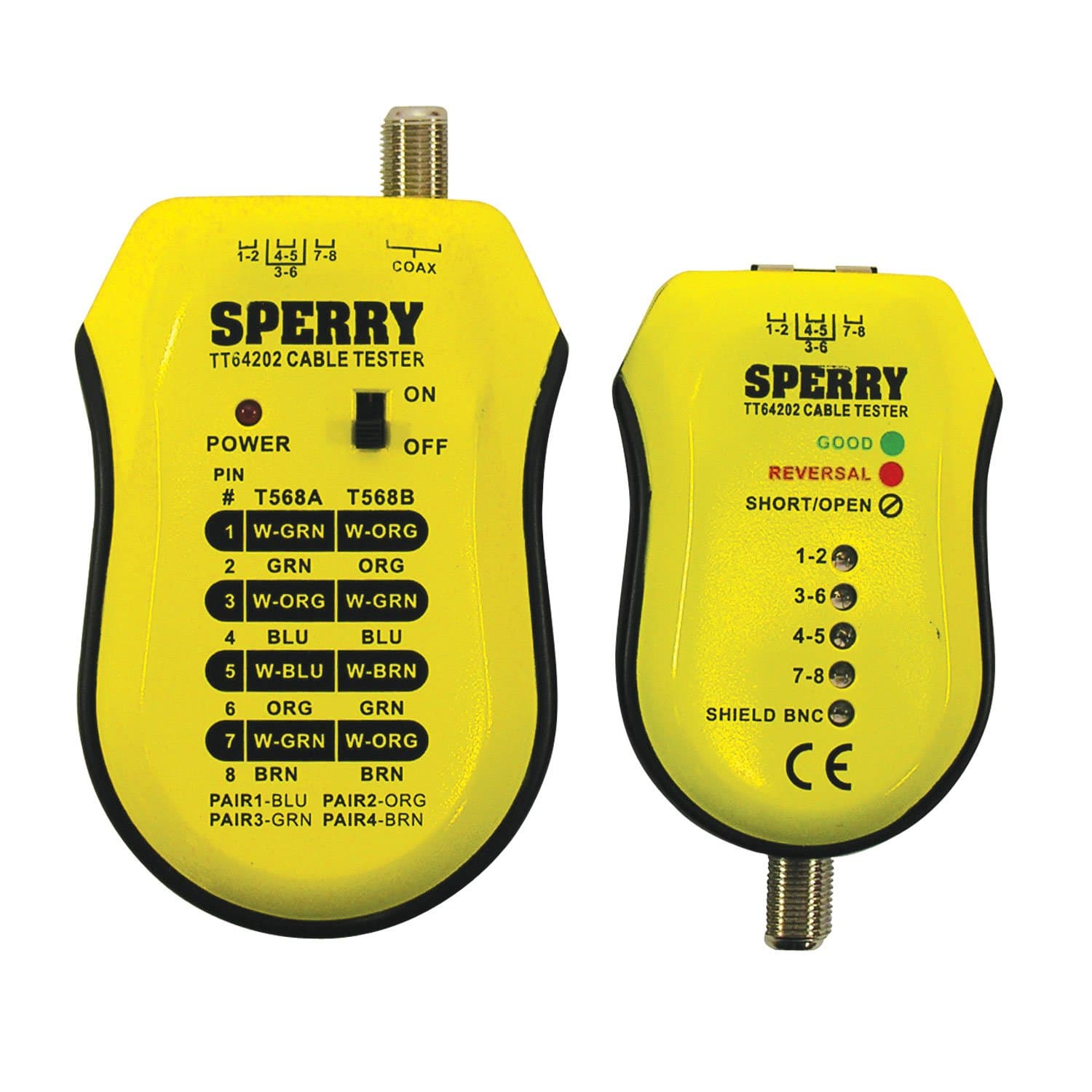Sperry Instruments TT64202 Cable Test Plus, Coax & UTP/STP Cable Tester - Detects: Shorts / Miss-wires & Reversals, Wiring Reference Chart Included, 2 Pc. Kit, Yellow & Black