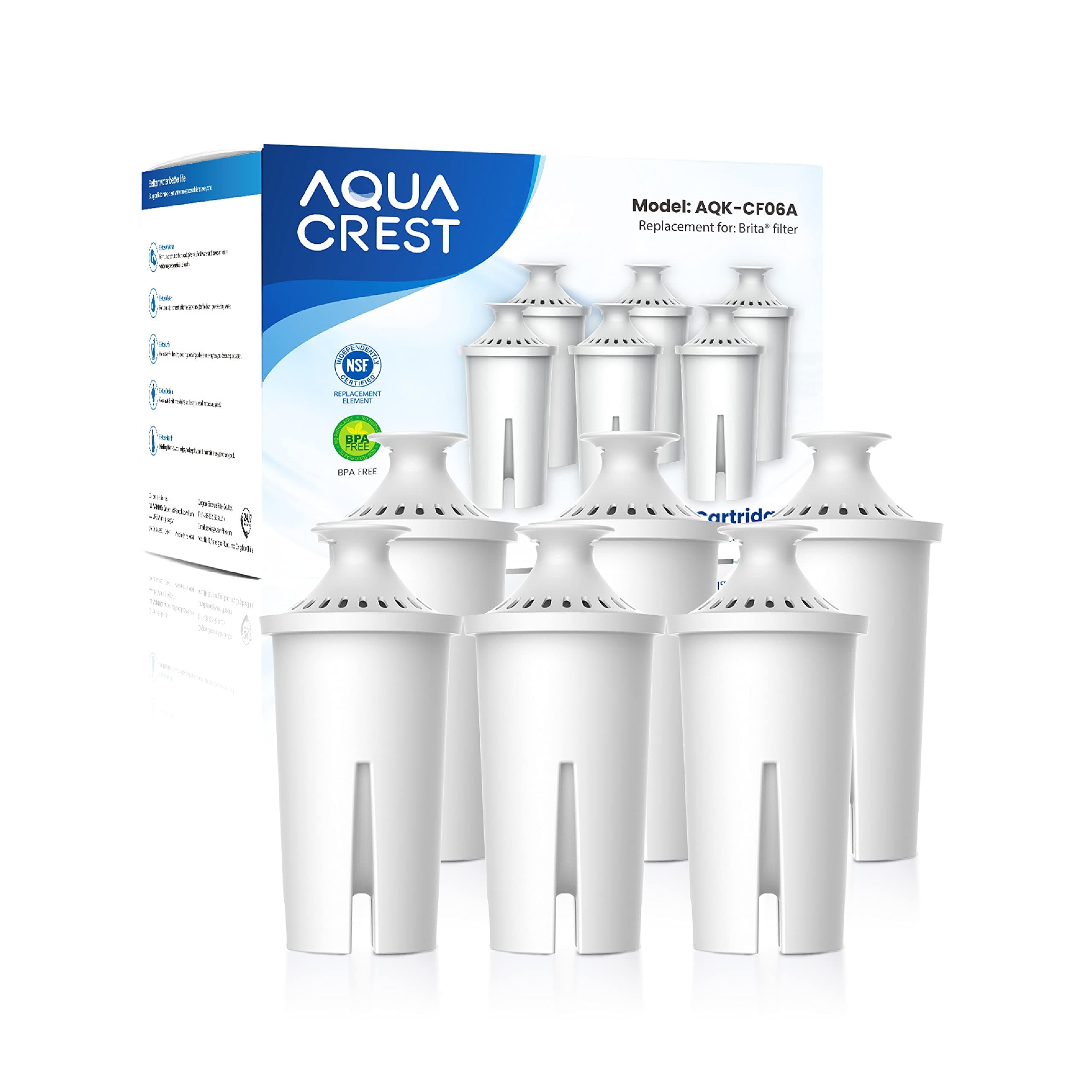 AQUA CREST Replacement for Brita® Filter, Brita® Water Pitchers and Dispensers, Classic OB03, Mavea® 107007, and More, NSF Certified Pitcher Water Filter, 1 Year Filter Supply, 6 Count