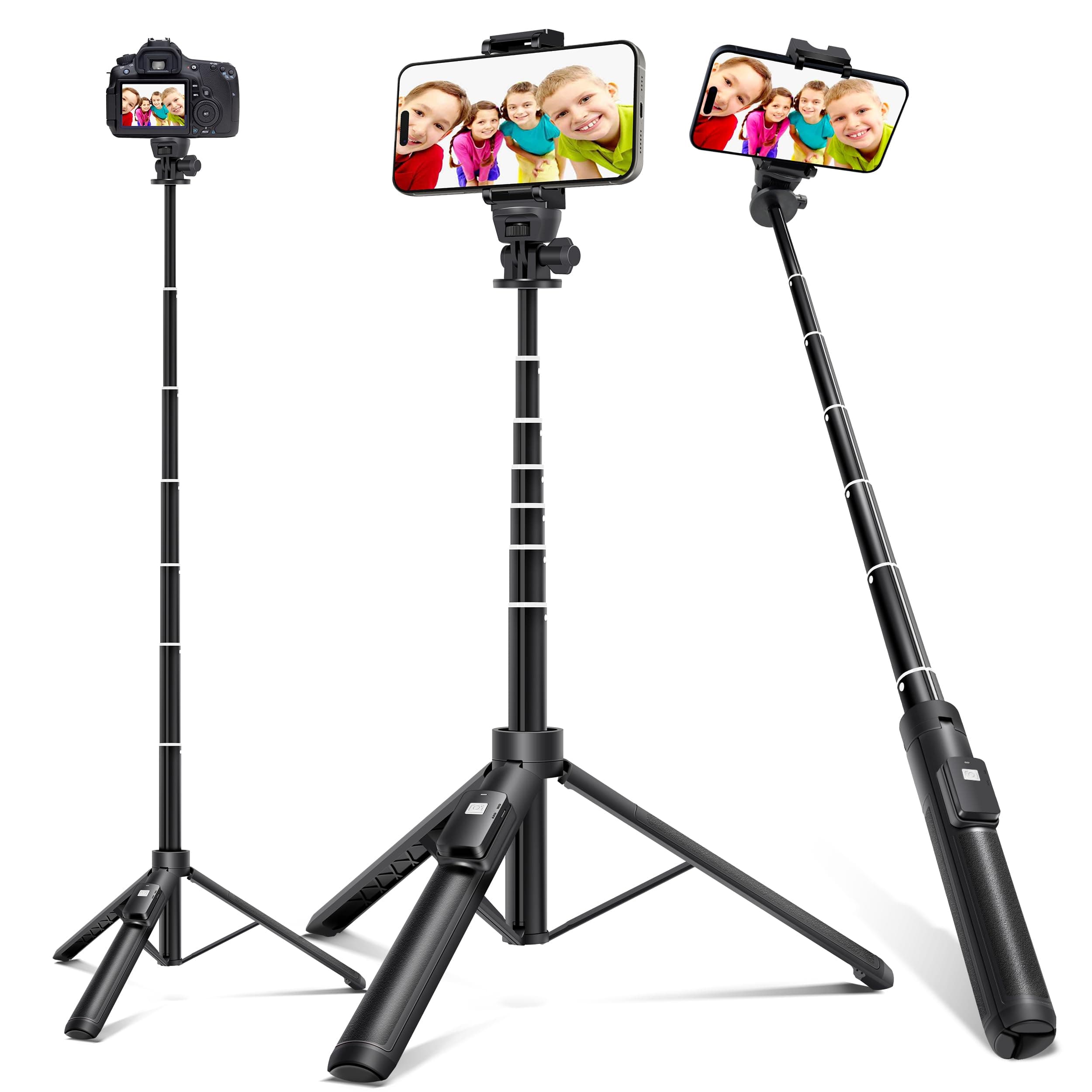 BZE 62 inches Extendable Selfie Stick Tripod with Wireless Remote & Phone Holder, Portable Aluminum Alloy 3 in 1 Stand for Group Photos, Vlogging & Travel Compatible with All Smartphones
