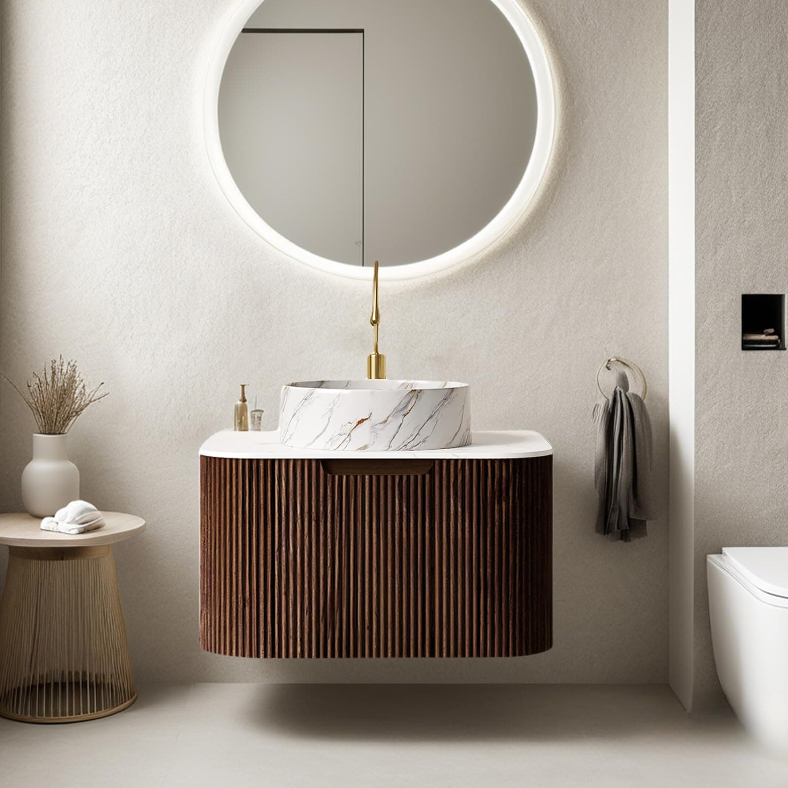 24" Floating Bathroom Vanity with Sink, Modern Wall-Mount Storage Cabinet with Ultra-Thin Ceramic Basin and Marble Top, Large Storage Drawer, Soft-Close Design, Pre-Assembled, Dark Walnut