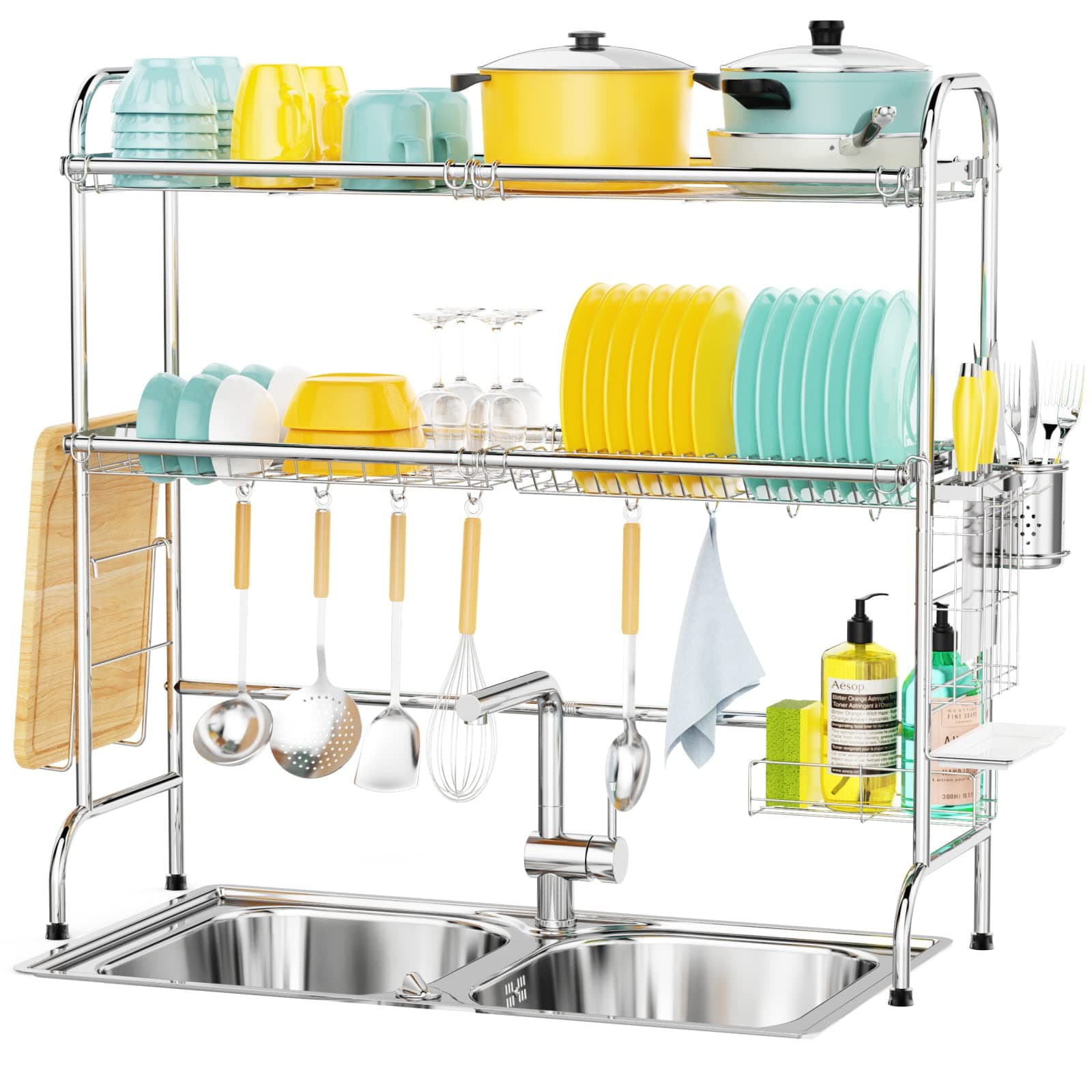 Cambond Over The Sink Dish Drying Rack, 2 Tier Dish Drainer Shelf Large Stainless Steel Kitchen Storage Dryer Organizer with Utensils Holder for Kitchen Sink (Sink Size ≤ 32.2 inch) Silver