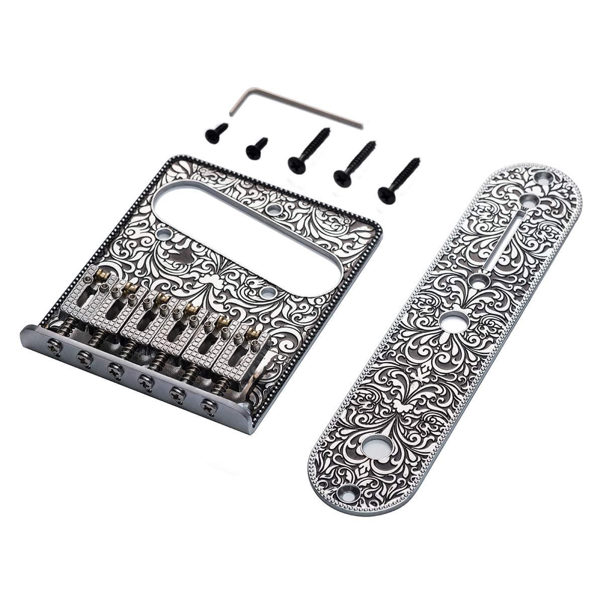 WANBY Professional Vintage Style 6 String Saddle Bridge Plate Beautiful Decorative Pattern for Tele Electric Guitar Replacement Parts(Silver)