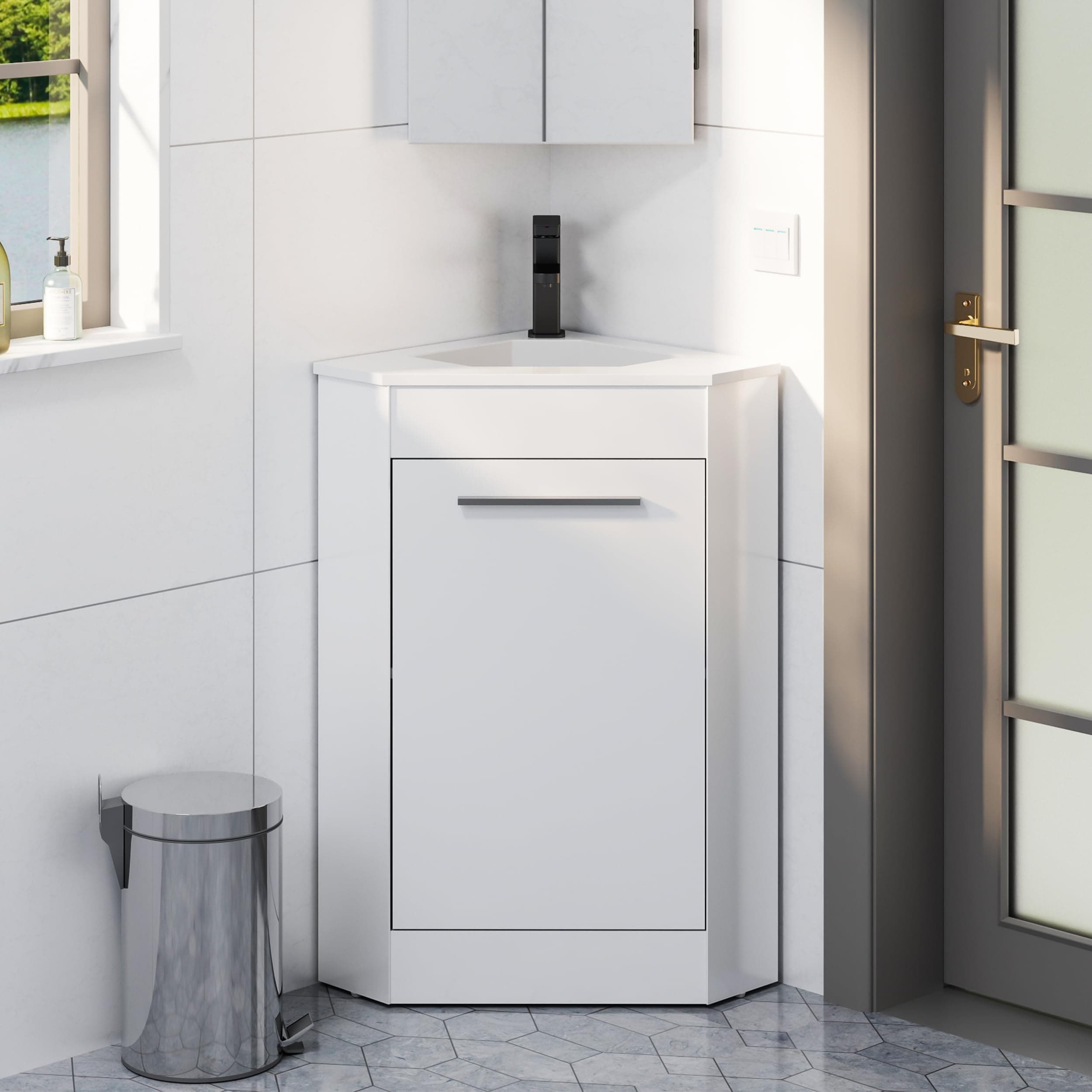 eclife 26" Corner Bathroom Vanity Sink Combo for Small Space Freestanding Storage Cabinet with White Resin Sink and Matte Black Faucet, White