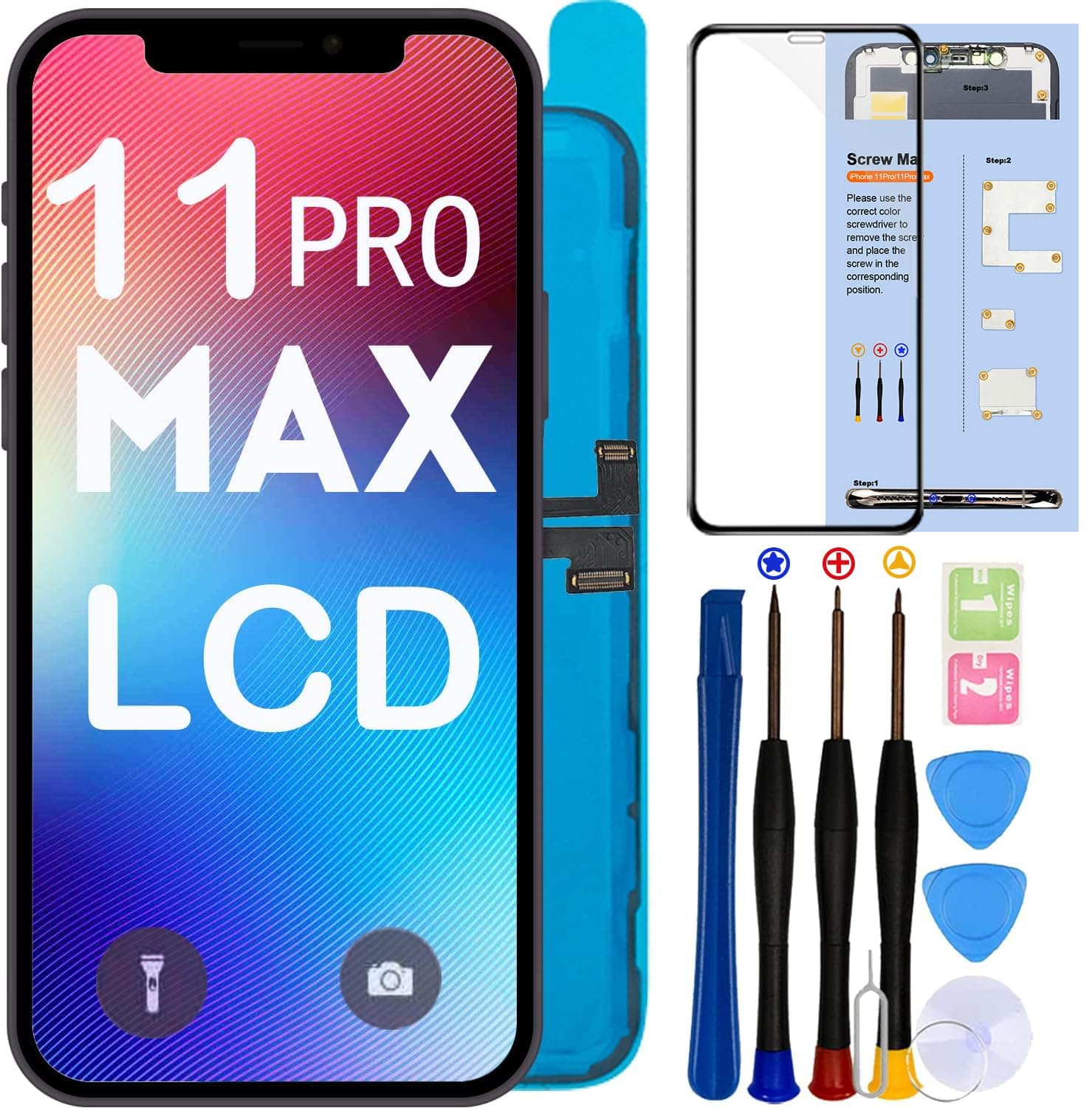 - for iPhone 11 pro max LCD Screen Replacement 6.5“ (A2161,A2220,A2218,with face ID and 3D Touch Screen Display digitizer Frame Assembly Full Repair Kit with Repair Tools,Screen Protector,Instructions.