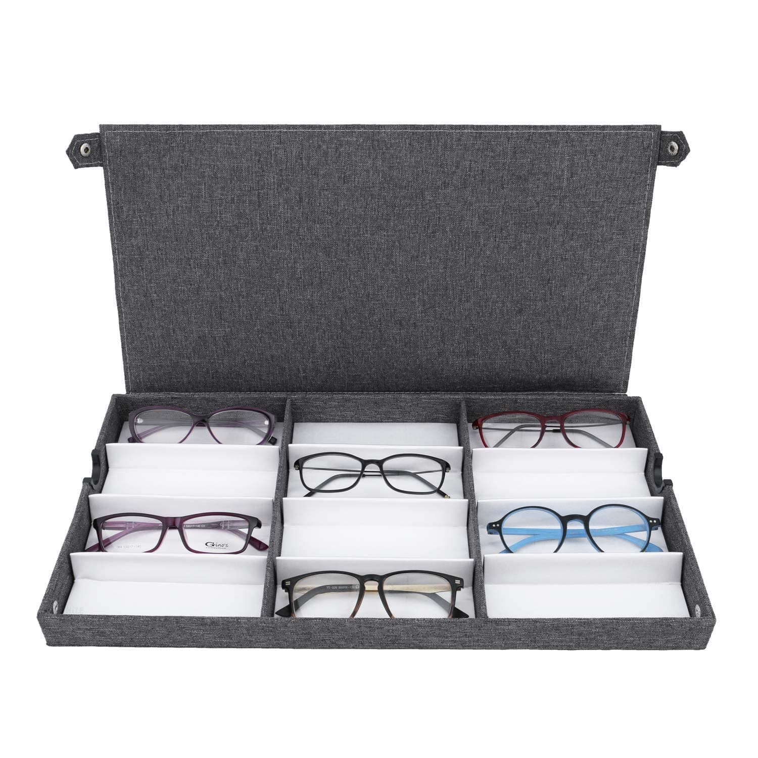 Ikee Design Eyewears Organizer Box -12 Slots Small or Medium Eyeglasses Box Display Case with Lid for Eyeglasses, Watches and Jewelry, Grey Lienen, 19"W x 9 3/4"D x 1 1/2"H