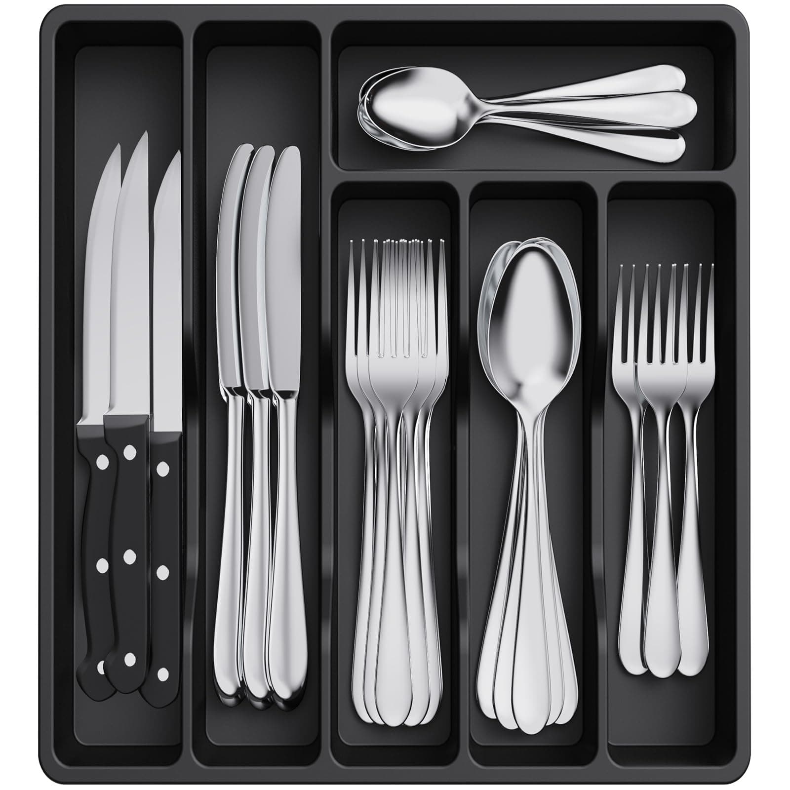 Lifewit Silverware Drawer Organizer Tray, Plastic Cutlery Storage for Kitchen Drawer, Flatware and Utensil Holder Divider for Spoons Forks Knives Tableware, 6 Compartment, Black