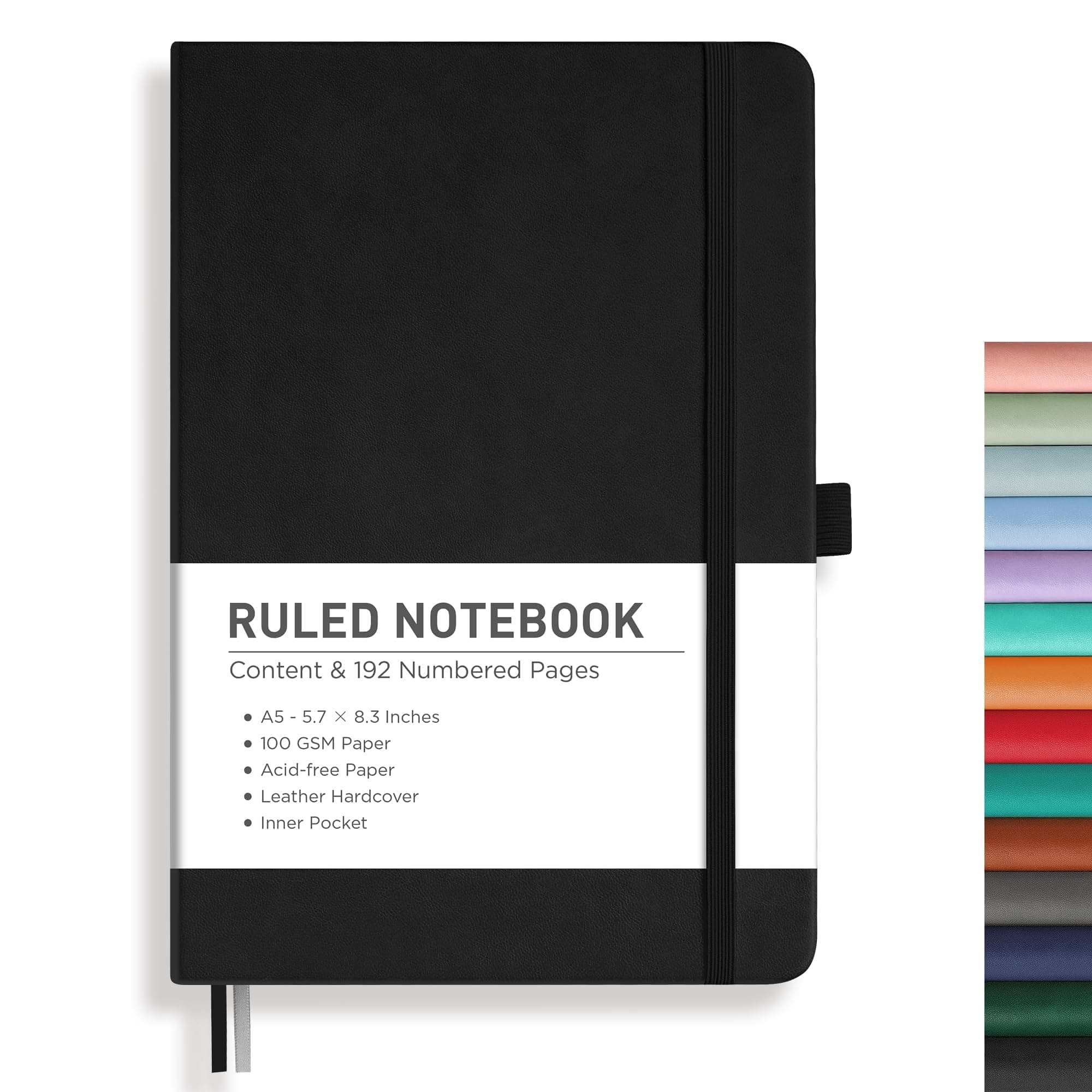 Lined Journal Notebook, 192 Numbered Pages, A5 Medium Size (5.7'' x 8.3''), for Men & Women, Journaling, Writing, Work & Office, Leather Hardcover, 100 GSM Thick Paper (Black)