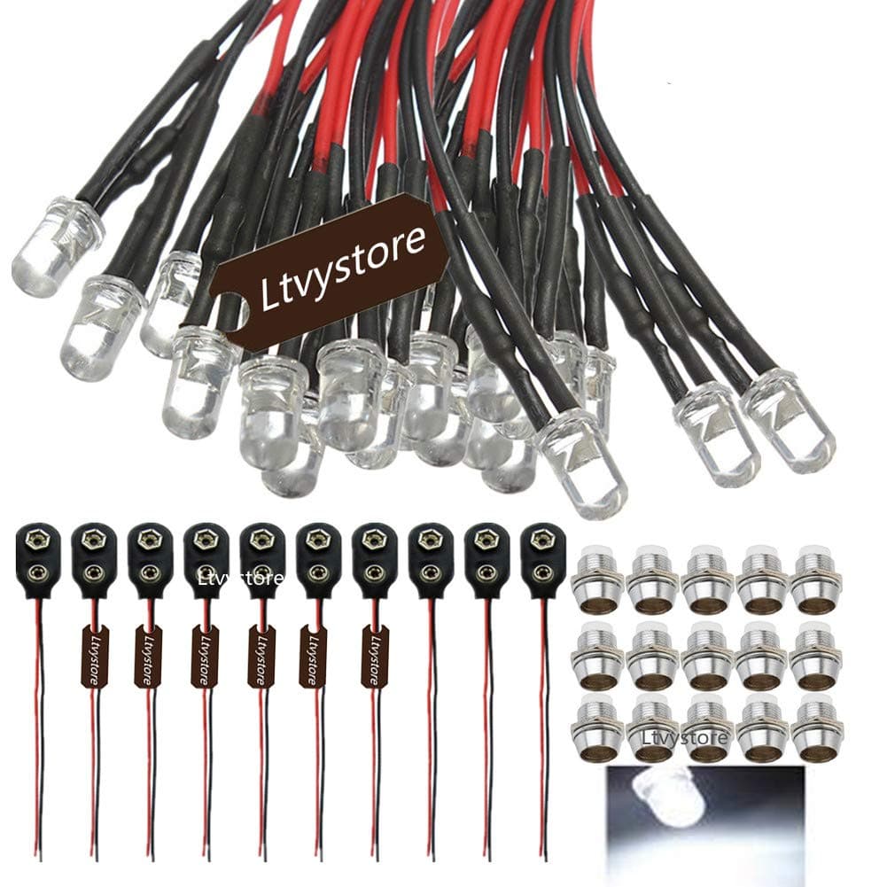 30Pcs 5MM 12V White LED Pre Wired Lamp Light Bulb Prewired Emitting Diode & 30Pcs Metal 5mm LED Clip Holder Panel Mount & 10Pcs 9V Battery Holder Clip Snap On Connector Cable
