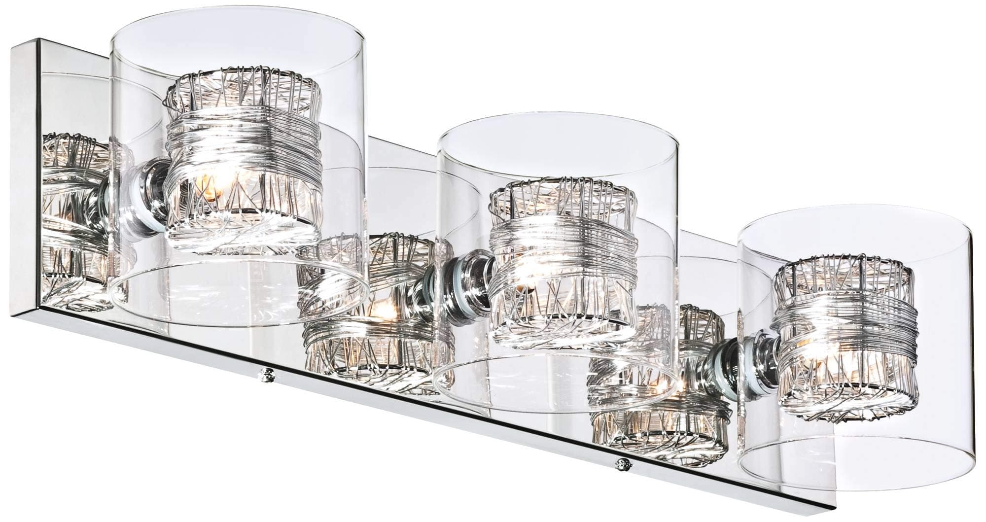 Wrapped Wire Modern Wall Light Polished Chrome Silver Metal Hardwired 22" Wide 3-Light Fixture Clear Glass Cylinder Shade for Bathroom Vanity Mirror House Home Room Decor
