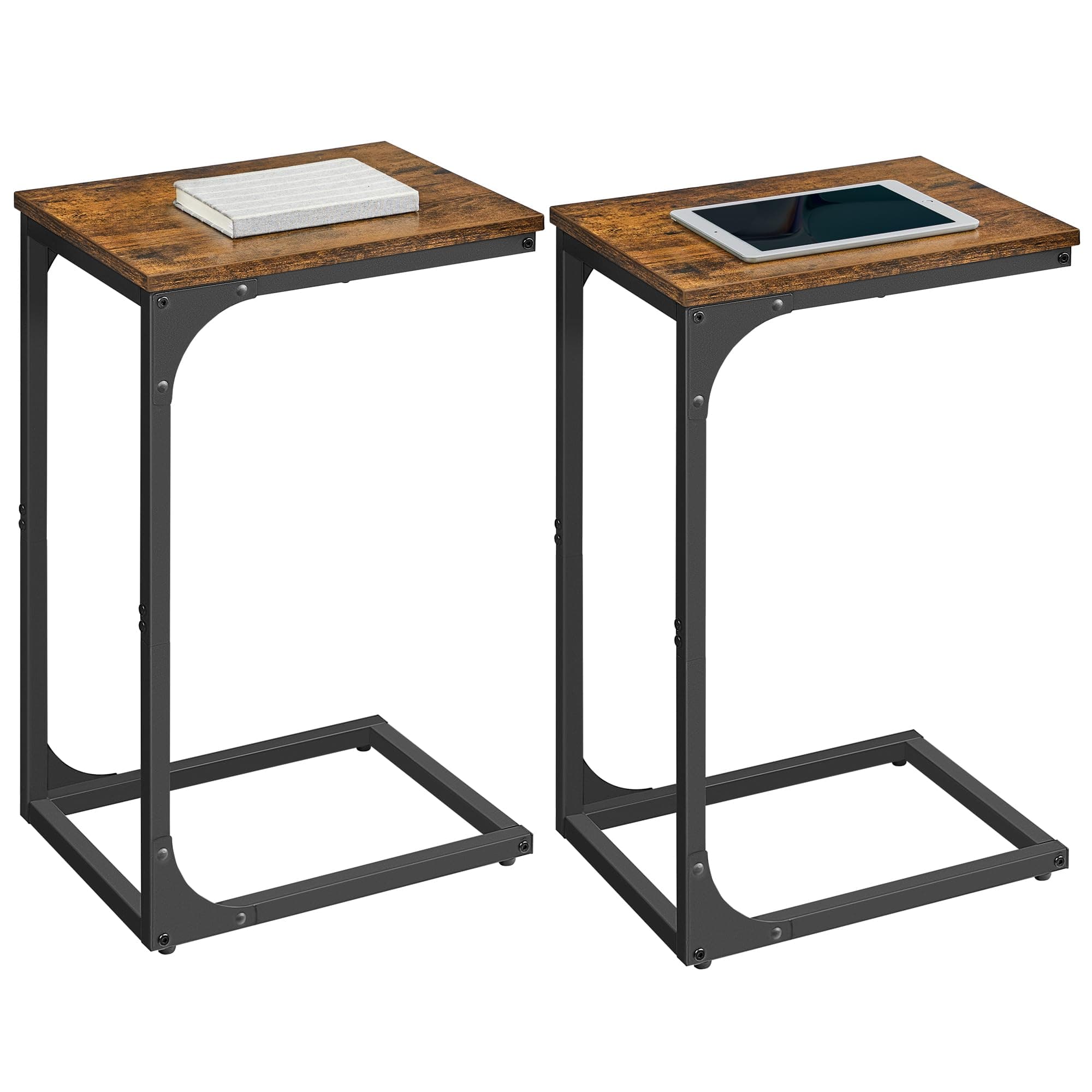 Set of 2 C-Shaped Side Table, Bedside Table, Sofa Side Table, Coffee Table, with Metal Frame, Industrial, for Living Room, Bedroom, Rustic Brown and Black LET354B01