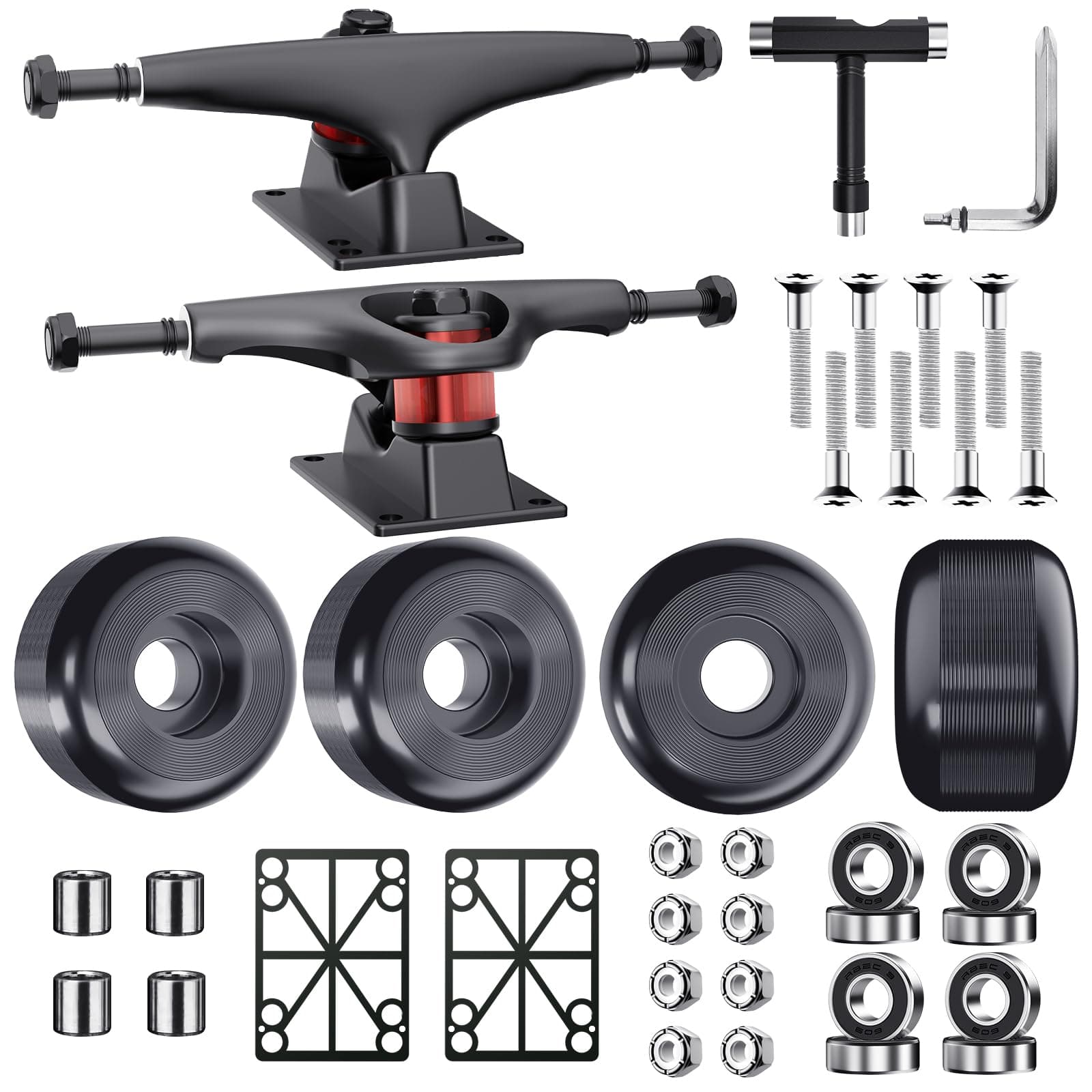 Jizmo Skateboard Trucks, Fits 7.75-8" Deck, Skateboard Wheels 52mm, Skateboard Bearings ABEC-9, Skateboard Pads, Skateboard Hardware Tool Combo Starter Set