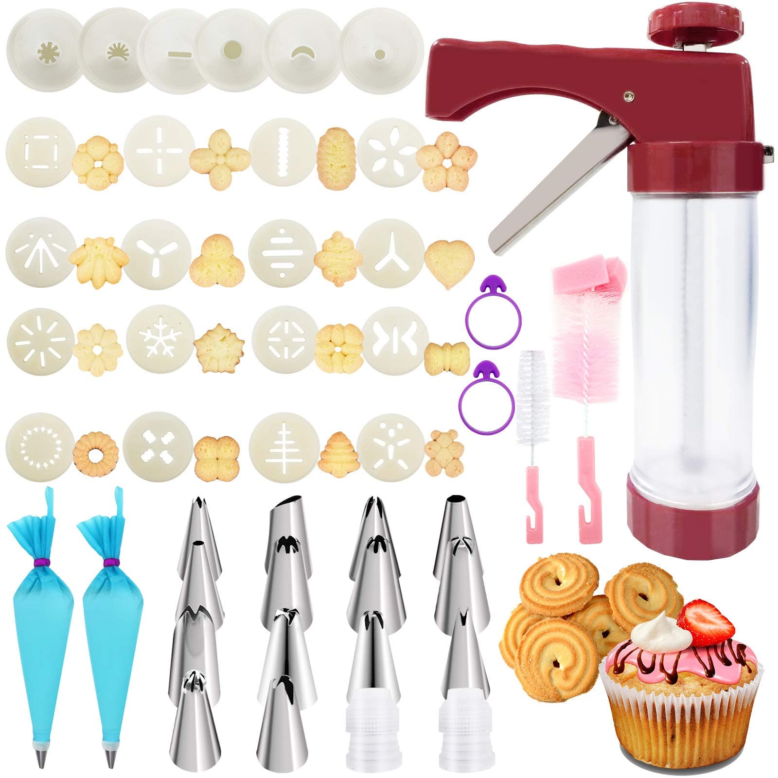 45PCS Cookies Press Gun Kit Set,DIY Cookie Maker With 16Cookie Discs,Icing Tips,Cleaning Brushes,EVA Piping Bags,Cookies Decorating Kit Baking Tool For Biscuit Making, Red, Large
