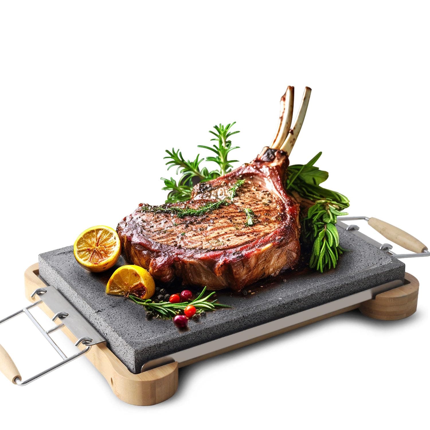 Extra-Large Lava Steak Stone Grill Set with Bamboo Base & Heat-Resistant Handles - 15.75" x 11.81" Natural Lava Stone for Steak, Tabletop Cooking, BBQ Grilling, and Serving