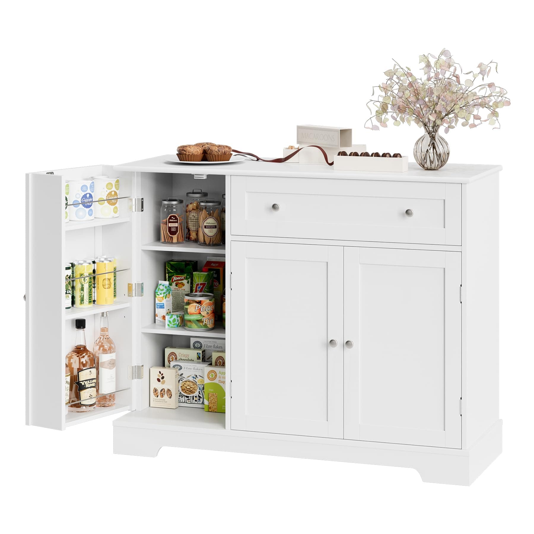 HOSTACK Buffet Cabinet with Storage, Modern Sideboard Buffet with Doors, Wood Coffee Bar Kitchen Storage Cabinet with Drawer and Adjustable Shelf for Kitchen, Dining Room, Living Room, White