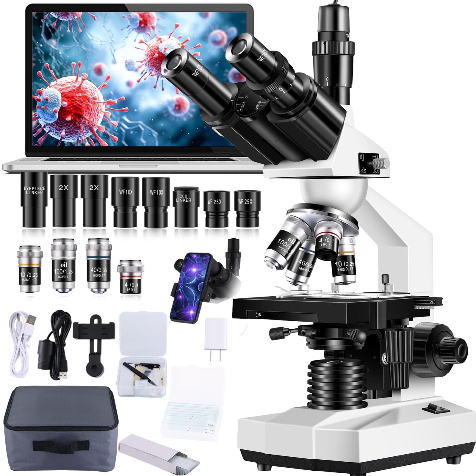 Trinocular Microscope 40X-5000X Magnification Laboratory Grade with Dual Mechanical Stage and HD USB Camera Microscopes for Adults（Adult Trinocular Microscope with Electronic Eyepiece）