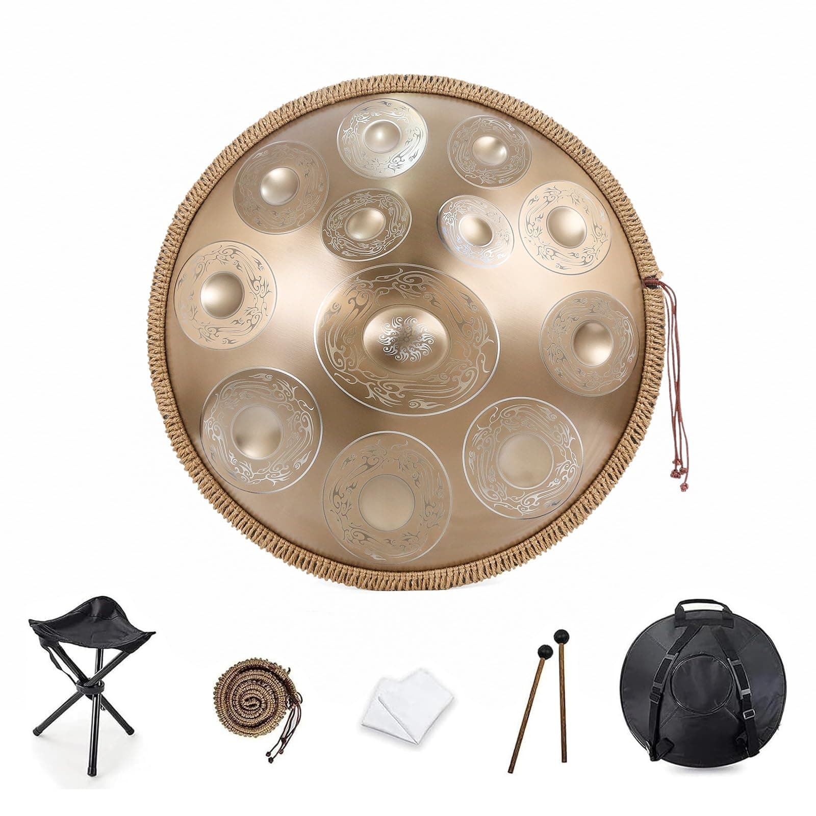WOLWESHandpan Drum D Minor 9/10/12 Notes Handpan Drum 22 Inch Handpan Drum 432HZ/440HZ Handpan Drum For beginners, professionals and music therapists Personal Meditation Sound Healing(Size:12 Notes(4