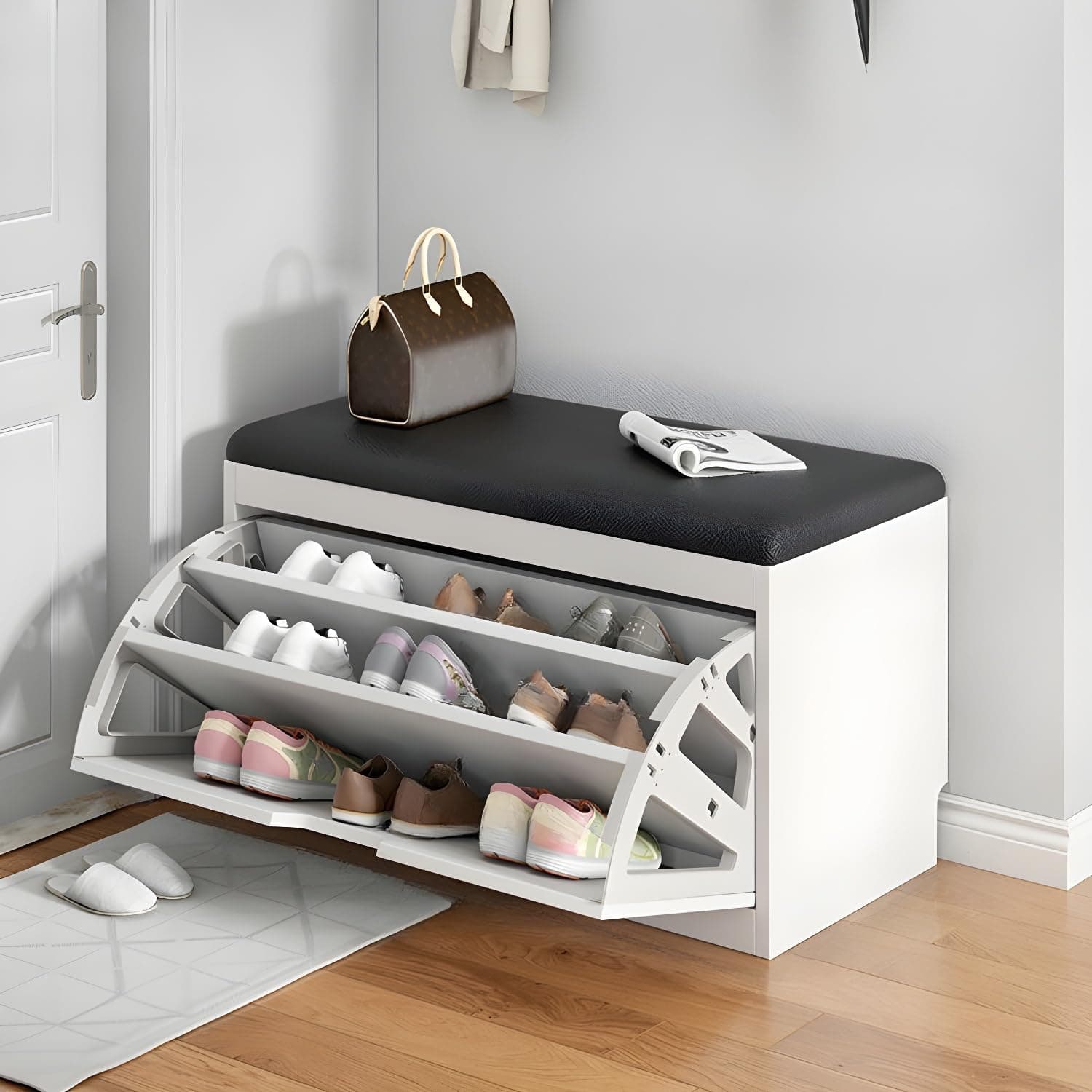 LITFAD Modern Shoe Storage Bench with Doors Entryway Shoe Bench with Cushion Seat Hallway Bench with Shoe Storage Cabinet Free Standing Hidden Shoes Organizer - 20" L x 12" W x 18" H Black