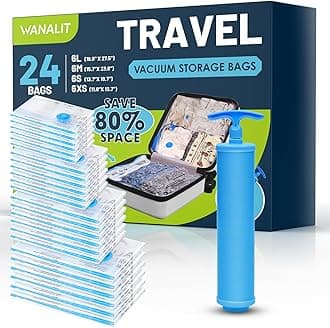 Travel Vacuum Storage Bags with Hand Pump, 24 Pack (6L+6M+6S+6XS) Vacuum Seal Bag Travel Essentials Space Saving Bags for Clothes, Luggage, Carry-on Suitcase, Backpack, Holiday Business Trip