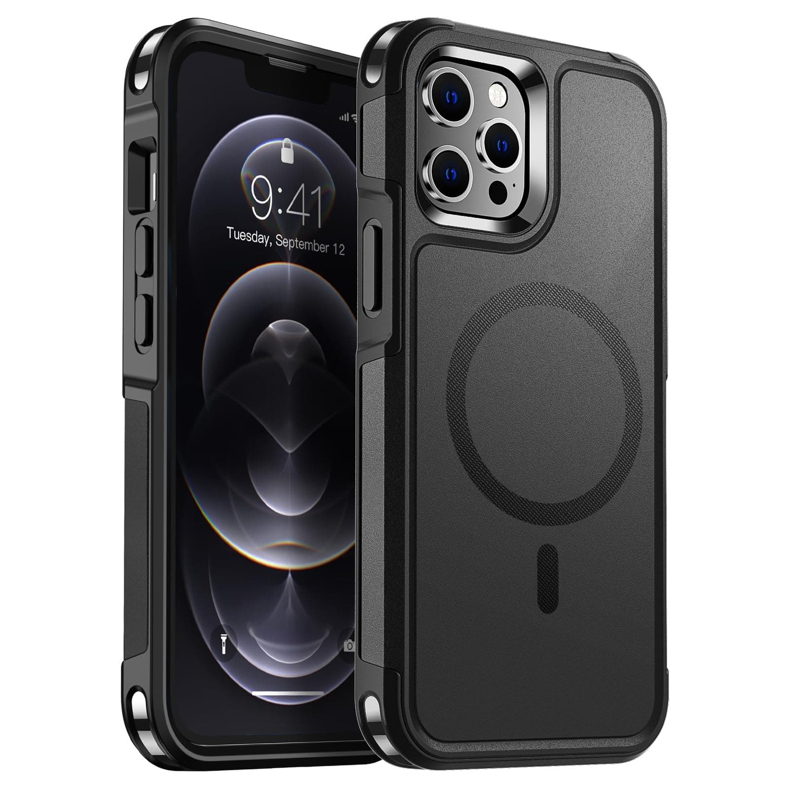 SUPFINE Magnetic iPhone 12 Pro Max Case[Compatible with MagSafe][12 FT Military Grade Drop Protection][2+Tempered Glass Screen Protector, 2+Tempered Camera Lens Protector] Non-Slip Case 6.7 inch,Black