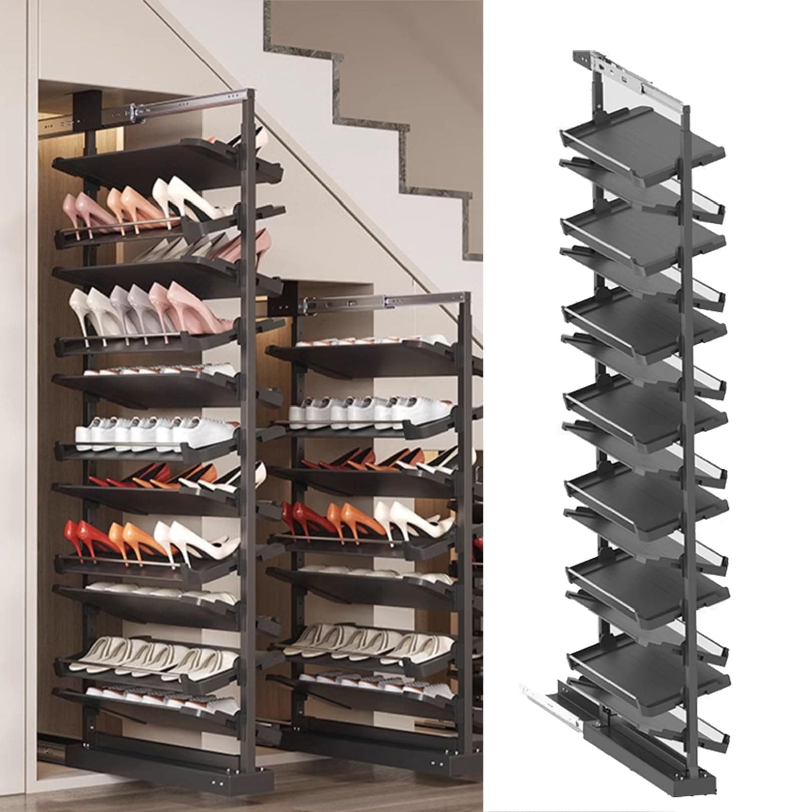 Pull-Out Shoe Rack Organizer for Closet Shoe Cabinet,Adjustable Height Retractable Metal Stackable Shoe Rack, Vertical Shelf Organizer for Small Bedroom Closet, Space Saving Storage, Black(85cm,15 Tie