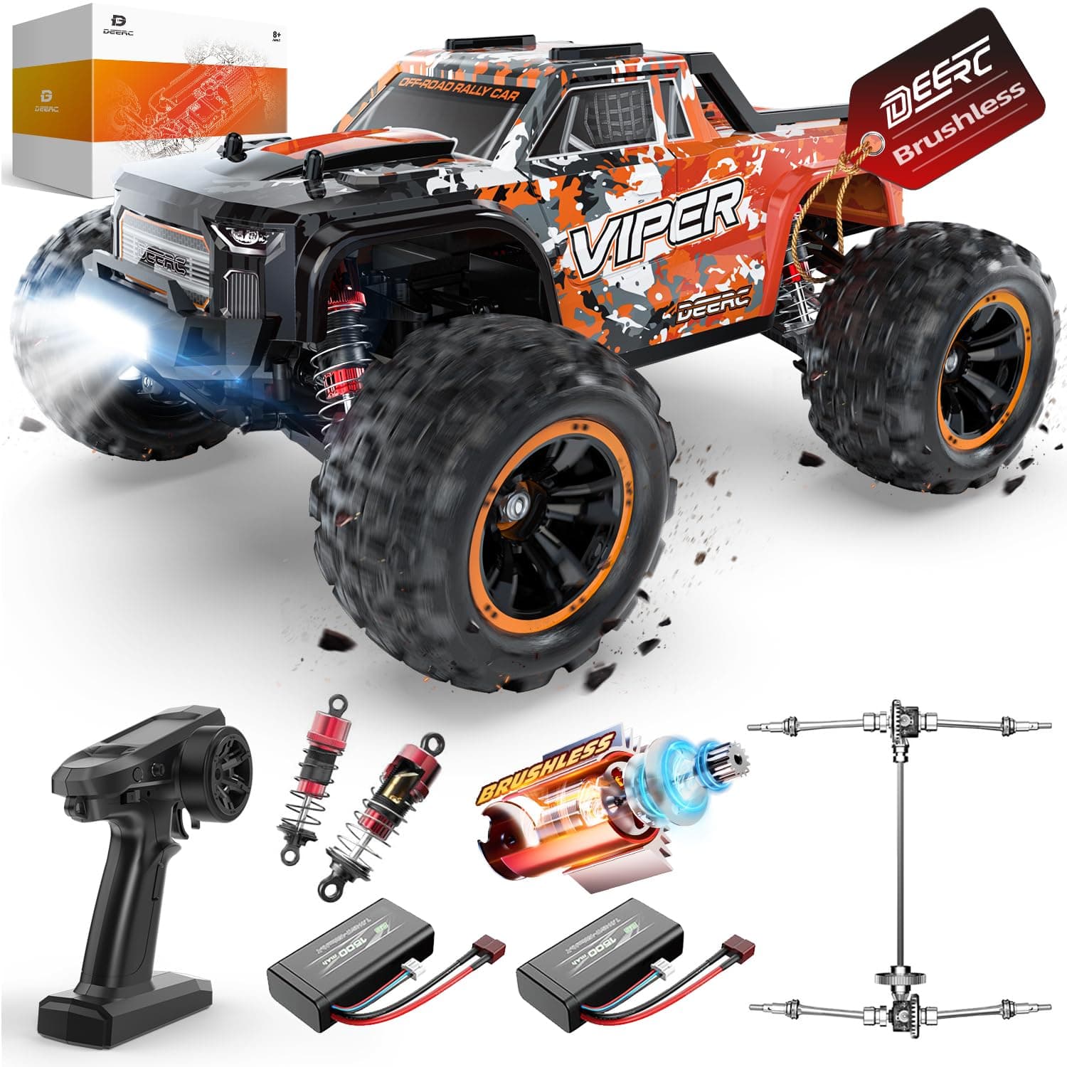 DEERC Remote Control Car 1:16 Brushless Motor 52 km/h, 4WD Fast Racing Car with 2 Batteries for 40 Minutes Runtime, 2.4 GHz RC Car for Adults and Children