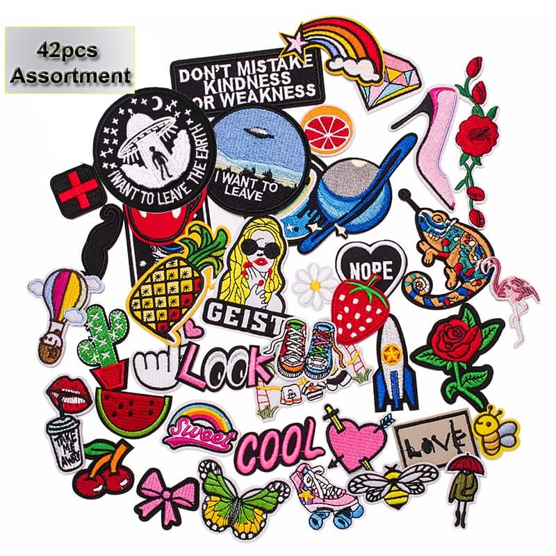 U-SkyMix Pack Assorted 42pcs Iron on Patches for Clothes Embroidery Sew on Appliques Patches for Jeans Jackets Vest Backpacks Shirt to Cover Logo Dirt Rip