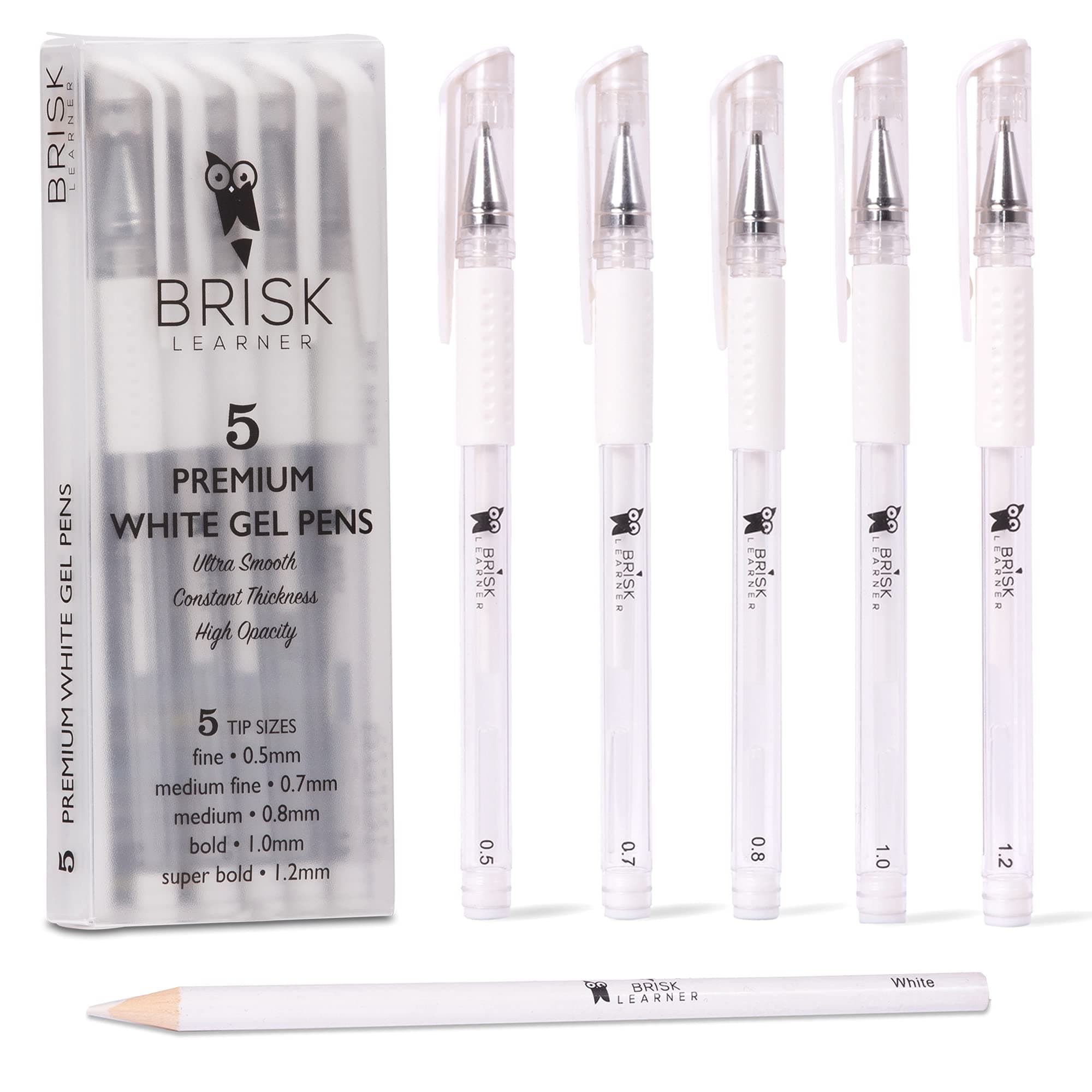 5 White Gel Pens - 5 Tip Sizes - 0.5, 0.7, 0.8, 1.0, 1.2mm for Artists - Archival White Ink for Art, Drawing, Journaling, Watercolor, Black Paper