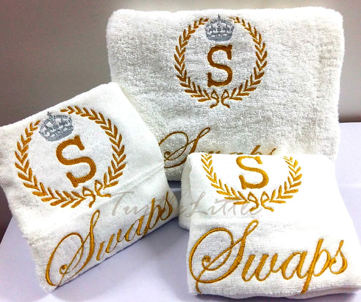 Cotton, Golden Laurel with Initials 1 Bath Plus 2 Hand Personalised Valentines Towels, 600 GSM (Set of 3, White)