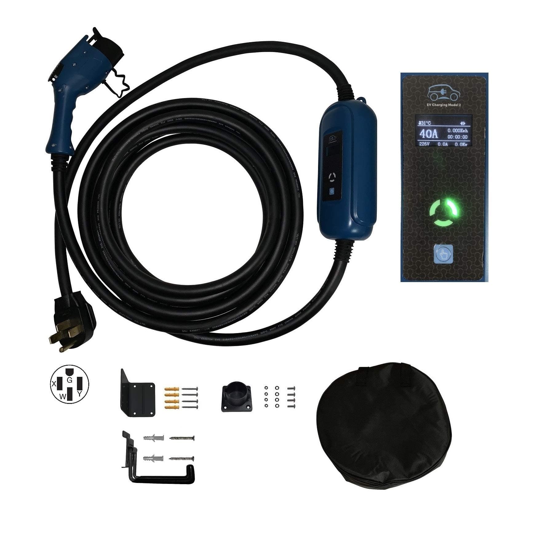 ONETAK EV Charger Level 2 EVSE PHEV LCD Screen 100-240V 40A/26A/16A Adjustable 25ft 7.62 Meters Cord SAE J1772 NEMA 14-50P Plug Electric Vehicle Car Charger